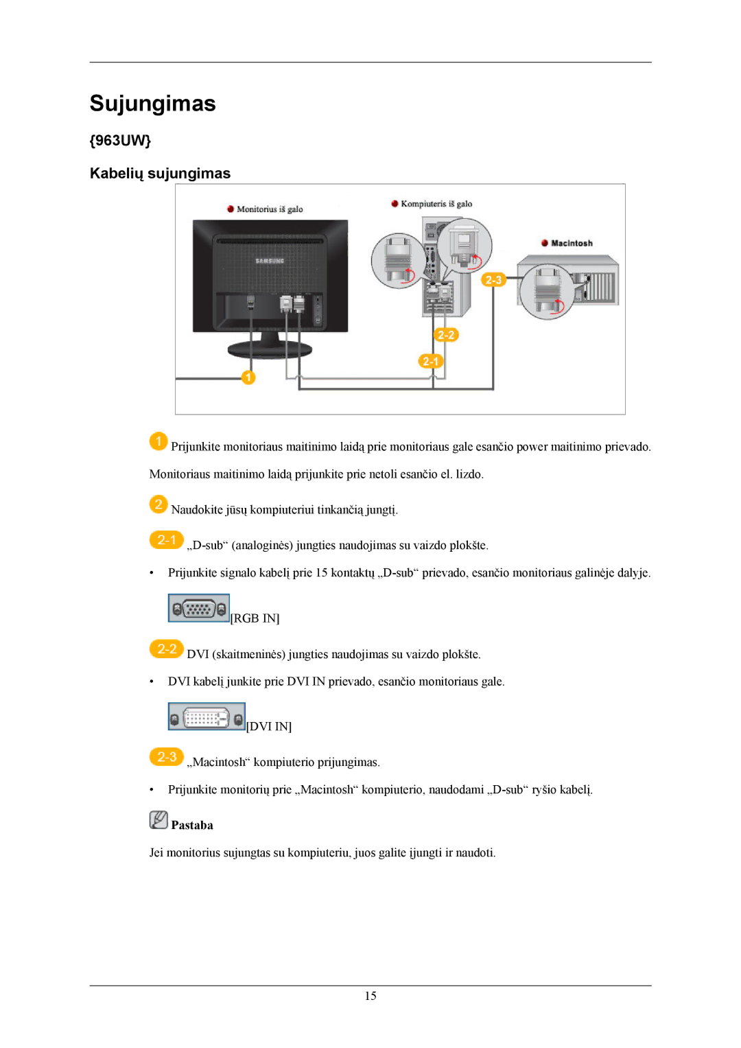 Samsung LS19LIUKFV/EN, LS20LIUJFV/EN manual Sujungimas, 963UW Kabelių sujungimas 