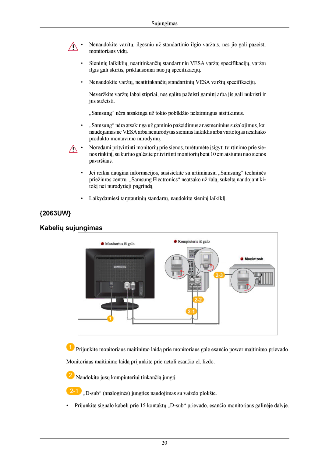 Samsung LS20LIUJFV/EN, LS19LIUKFV/EN manual 2063UW Kabelių sujungimas 