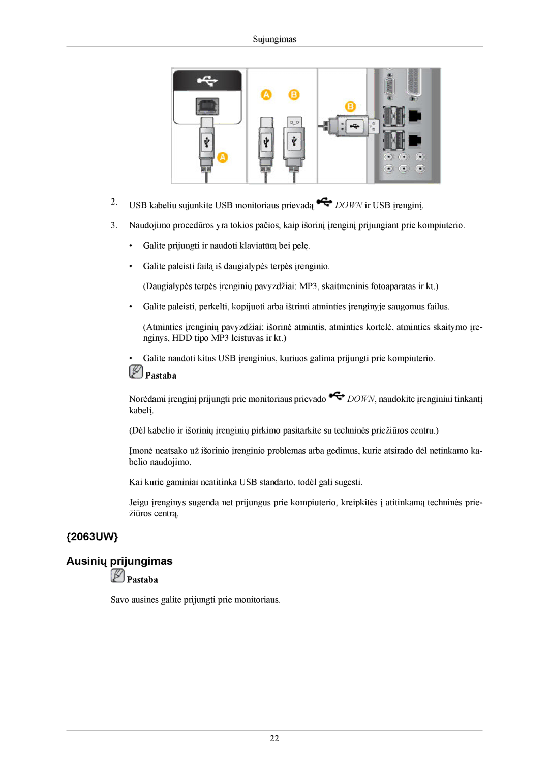 Samsung LS20LIUJFV/EN, LS19LIUKFV/EN manual 2063UW Ausinių prijungimas 