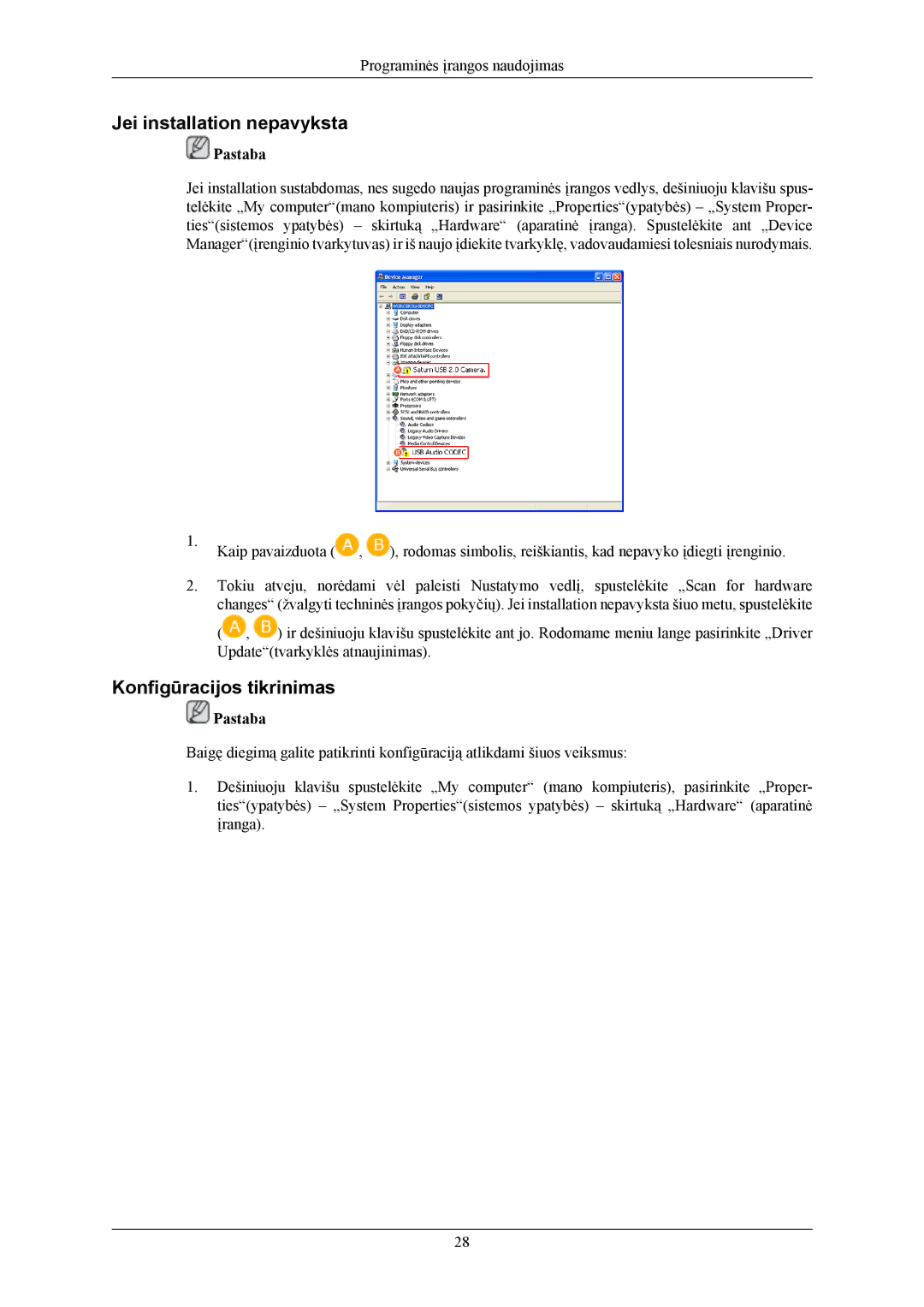 Samsung LS20LIUJFV/EN, LS19LIUKFV/EN manual Jei installation nepavyksta, Konfigūracijos tikrinimas 