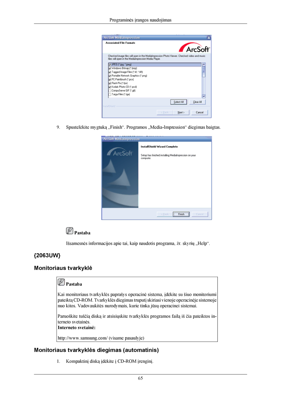 Samsung LS19LIUKFV/EN, LS20LIUJFV/EN manual 2063UW Monitoriaus tvarkyklė, Monitoriaus tvarkyklės diegimas automatinis 