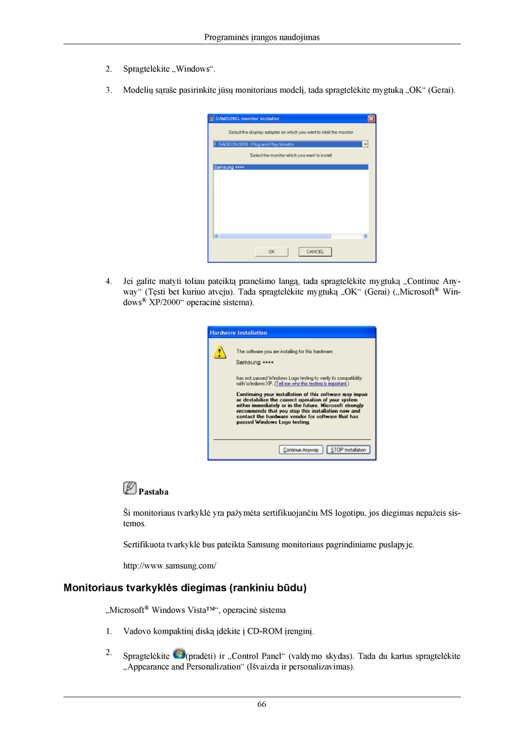 Samsung LS20LIUJFV/EN, LS19LIUKFV/EN manual Monitoriaus tvarkyklės diegimas rankiniu būdu 