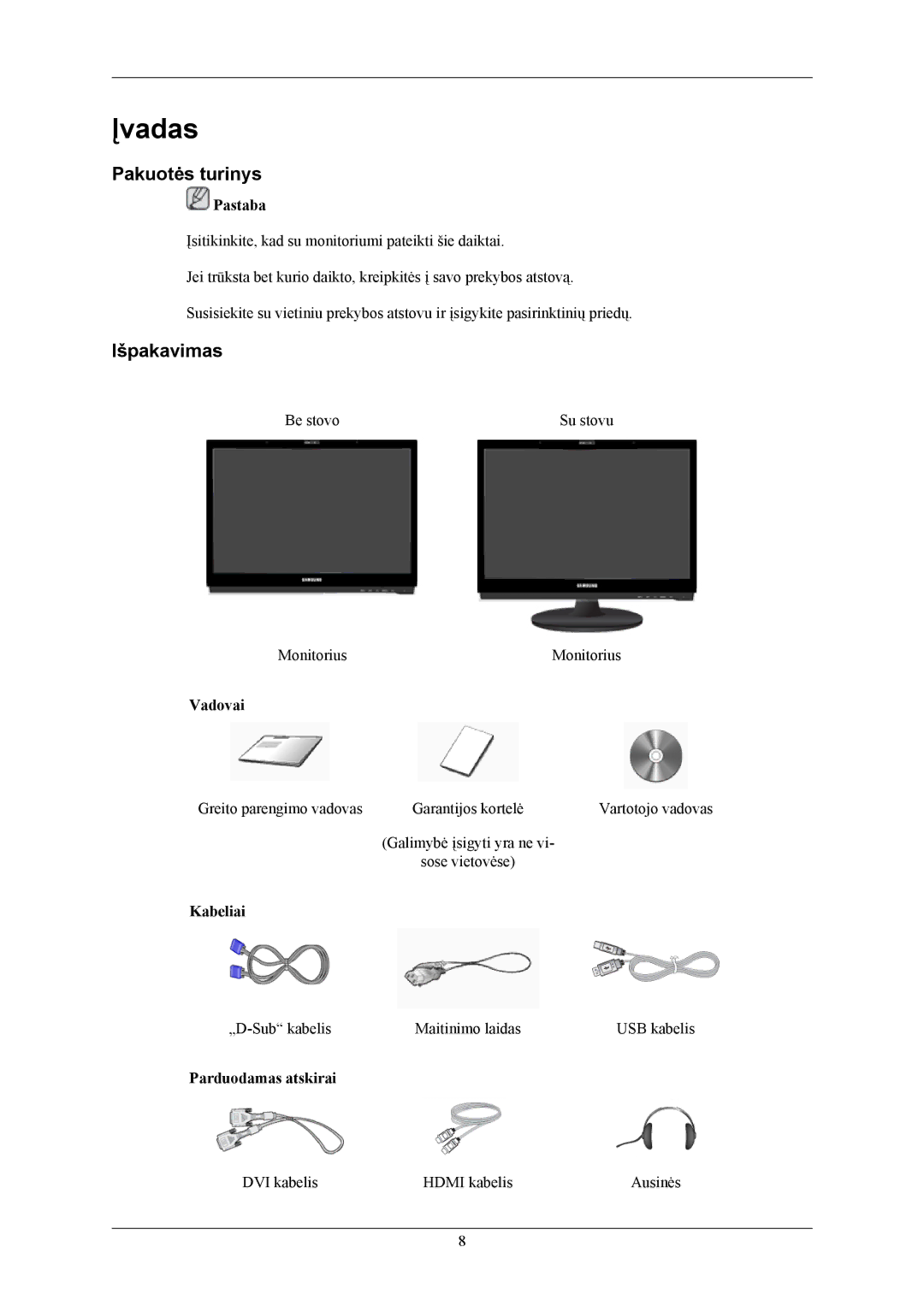 Samsung LS20LIUJFV/EN, LS19LIUKFV/EN manual Pakuotės turinys, Išpakavimas 