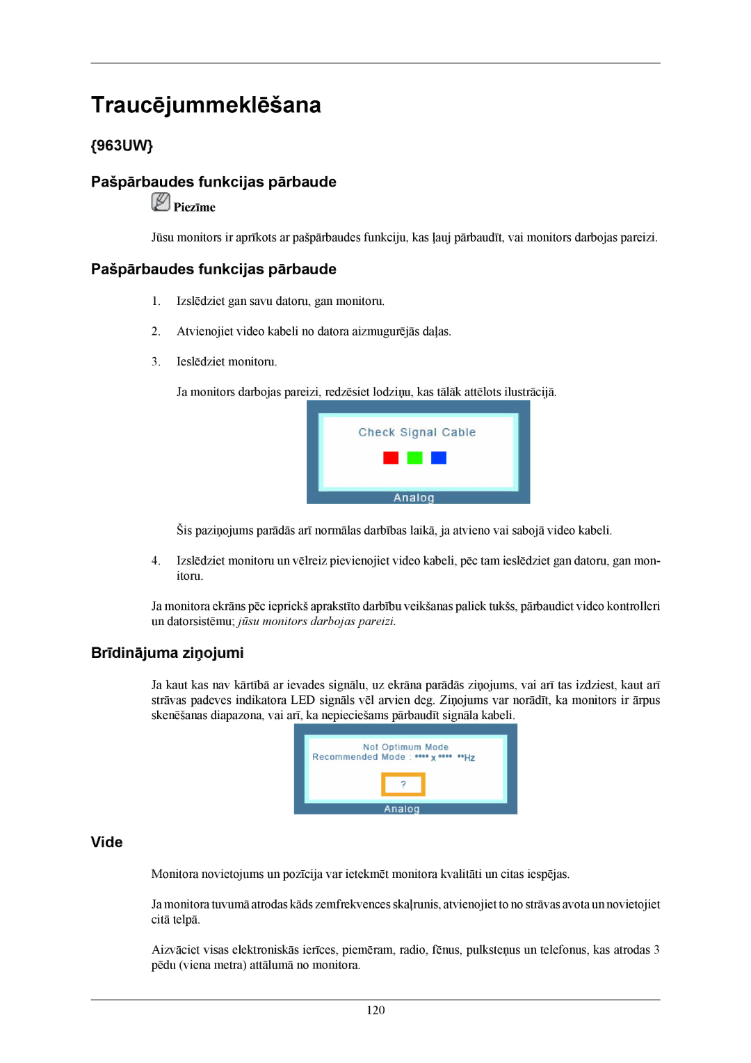 Samsung LS20LIUJFV/EN, LS19LIUKFV/EN manual 963UW Pašpārbaudes funkcijas pārbaude, Brīdinājuma ziņojumi, Vide 