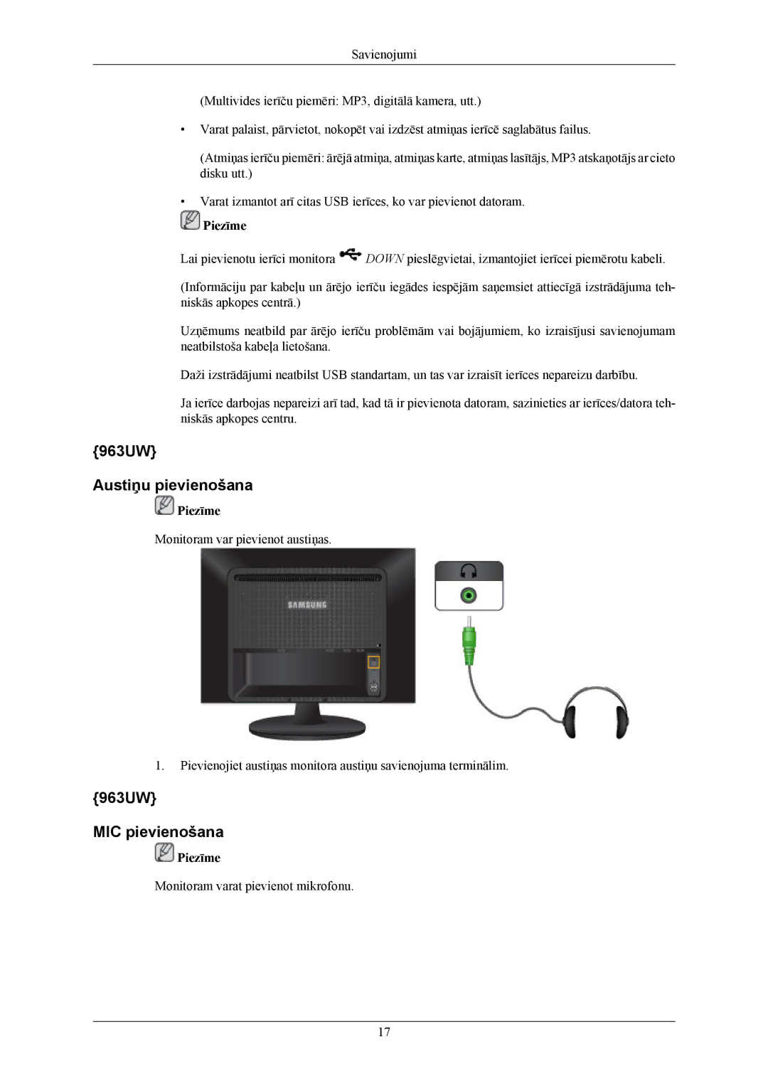 Samsung LS19LIUKFV/EN, LS20LIUJFV/EN manual 963UW Austiņu pievienošana, 963UW MIC pievienošana 