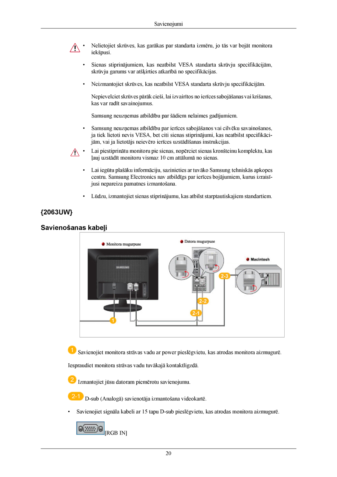 Samsung LS20LIUJFV/EN, LS19LIUKFV/EN manual 2063UW Savienošanas kabeļi 