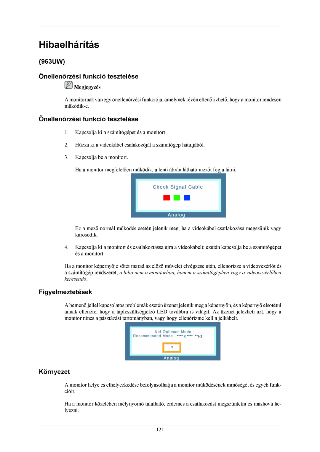 Samsung LS19LIUKFV/EN, LS20LIUJFV/EN manual 963UW Önellenőrzési funkció tesztelése, Figyelmeztetések, Környezet 