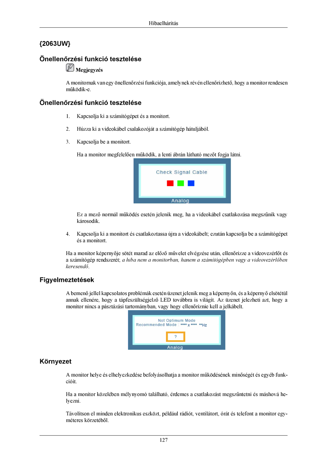 Samsung LS19LIUKFV/EN, LS20LIUJFV/EN manual 2063UW Önellenőrzési funkció tesztelése 