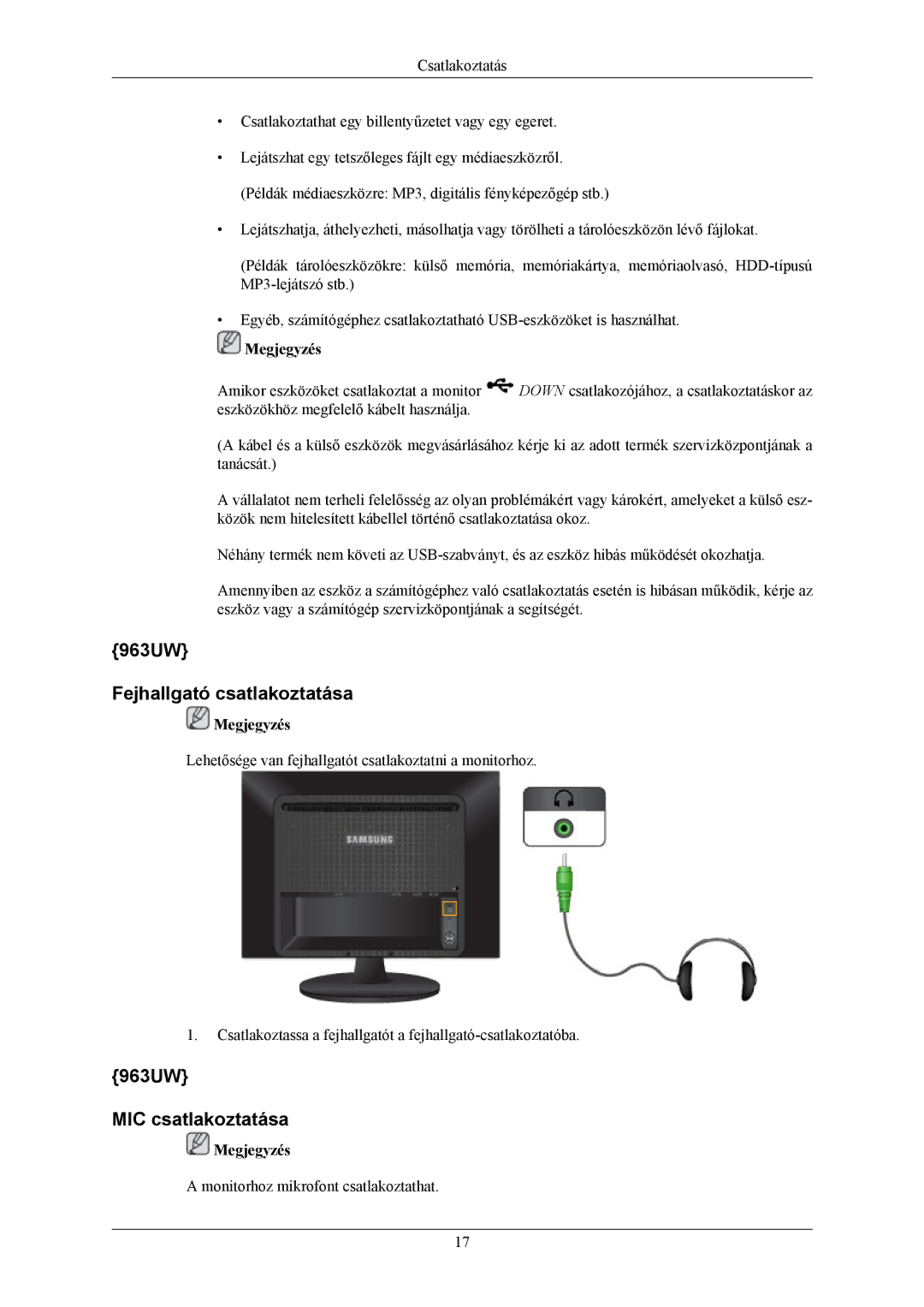 Samsung LS19LIUKFV/EN, LS20LIUJFV/EN manual 963UW Fejhallgató csatlakoztatása, 963UW MIC csatlakoztatása 