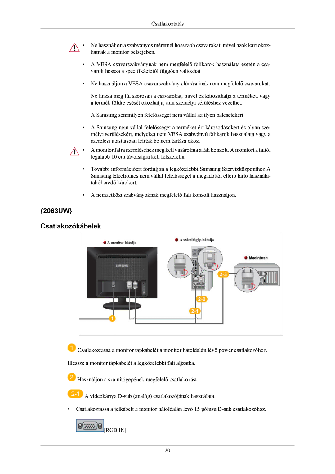 Samsung LS20LIUJFV/EN, LS19LIUKFV/EN manual 2063UW Csatlakozókábelek 