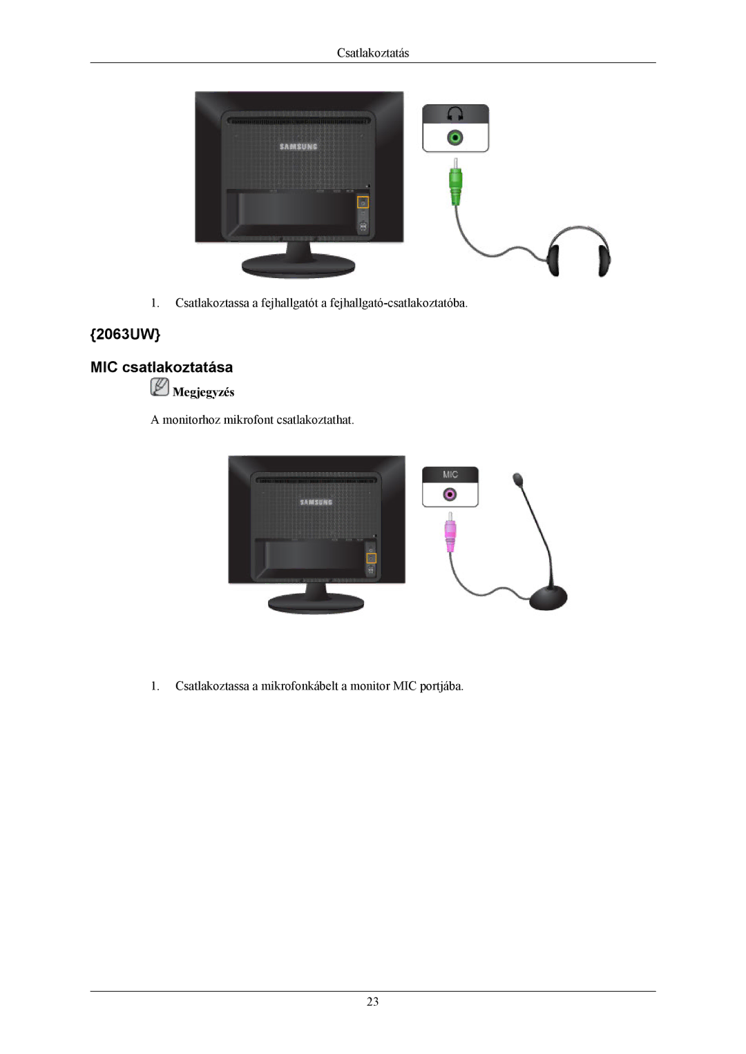 Samsung LS19LIUKFV/EN, LS20LIUJFV/EN manual 2063UW MIC csatlakoztatása 