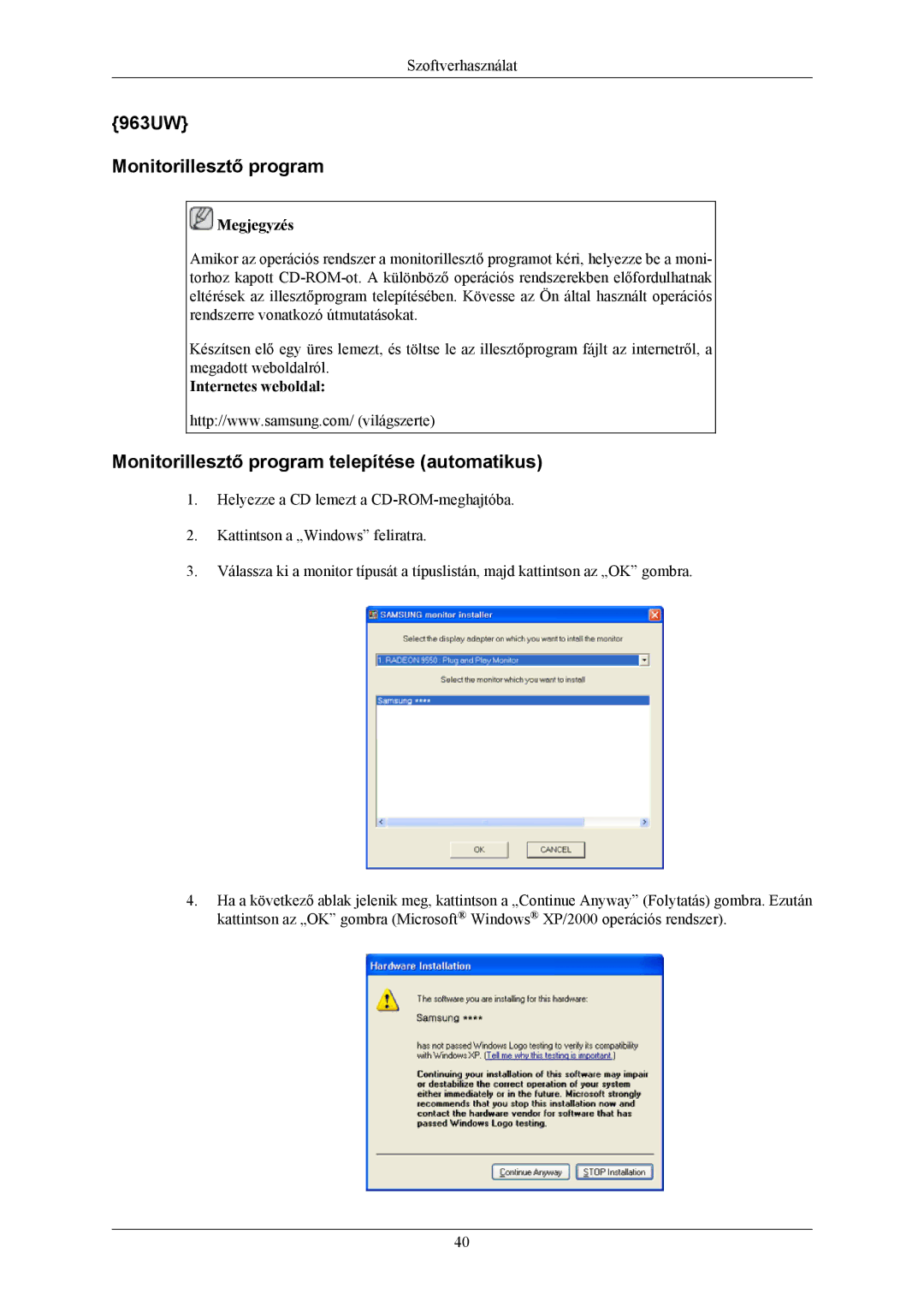 Samsung LS20LIUJFV/EN, LS19LIUKFV/EN manual 963UW Monitorillesztő program, Monitorillesztő program telepítése automatikus 