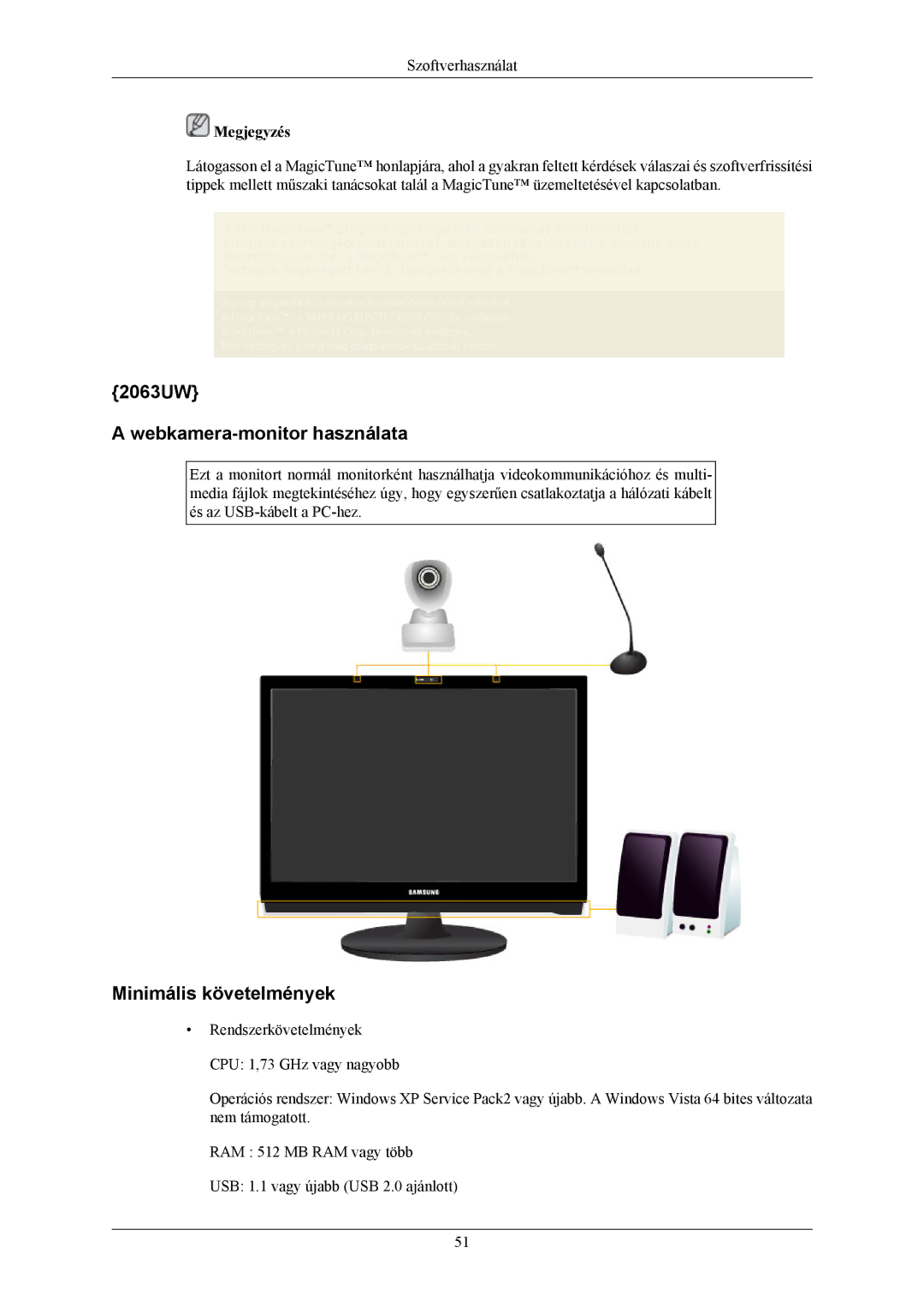 Samsung LS19LIUKFV/EN, LS20LIUJFV/EN manual 2063UW Webkamera-monitor használata, Minimális követelmények 