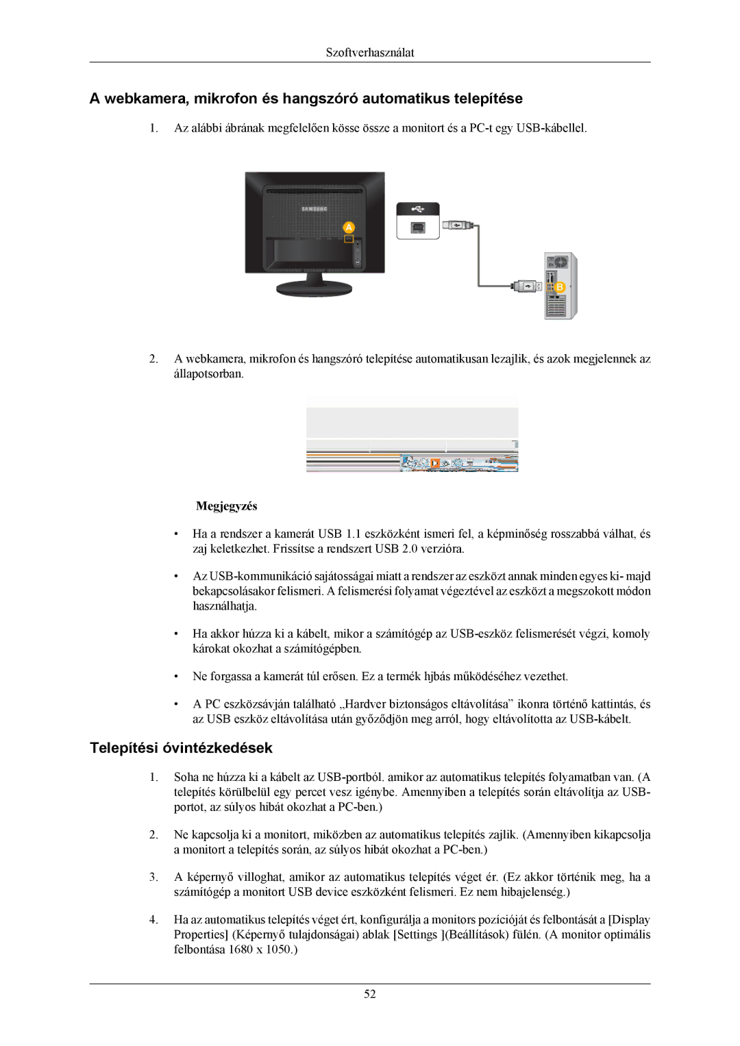 Samsung LS20LIUJFV/EN, LS19LIUKFV/EN manual Webkamera, mikrofon és hangszóró automatikus telepítése 