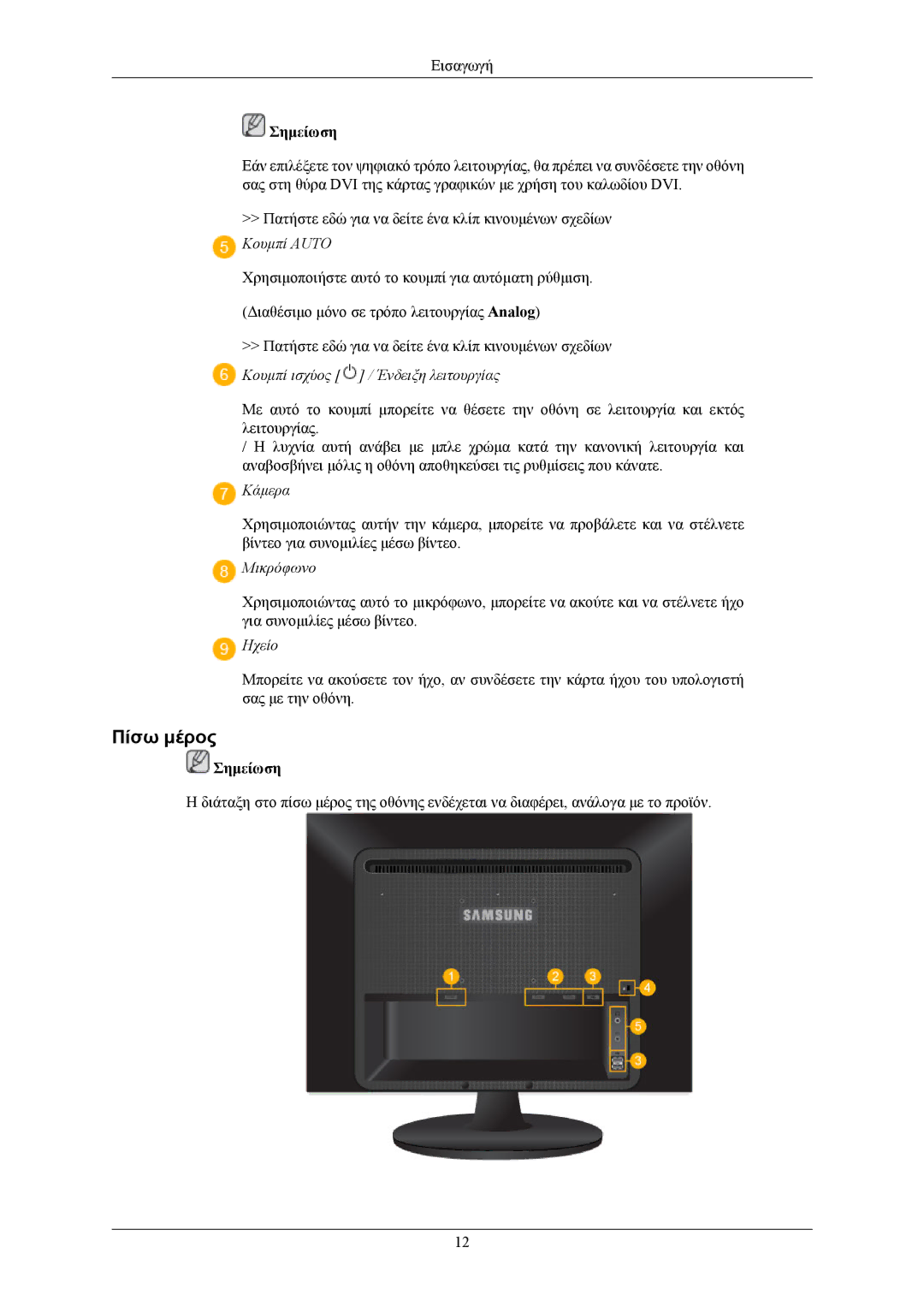 Samsung LS19LIUKFV/EN manual Πίσω μέρος, Κουμπί ισχύος / Ένδειξη λειτουργίας 