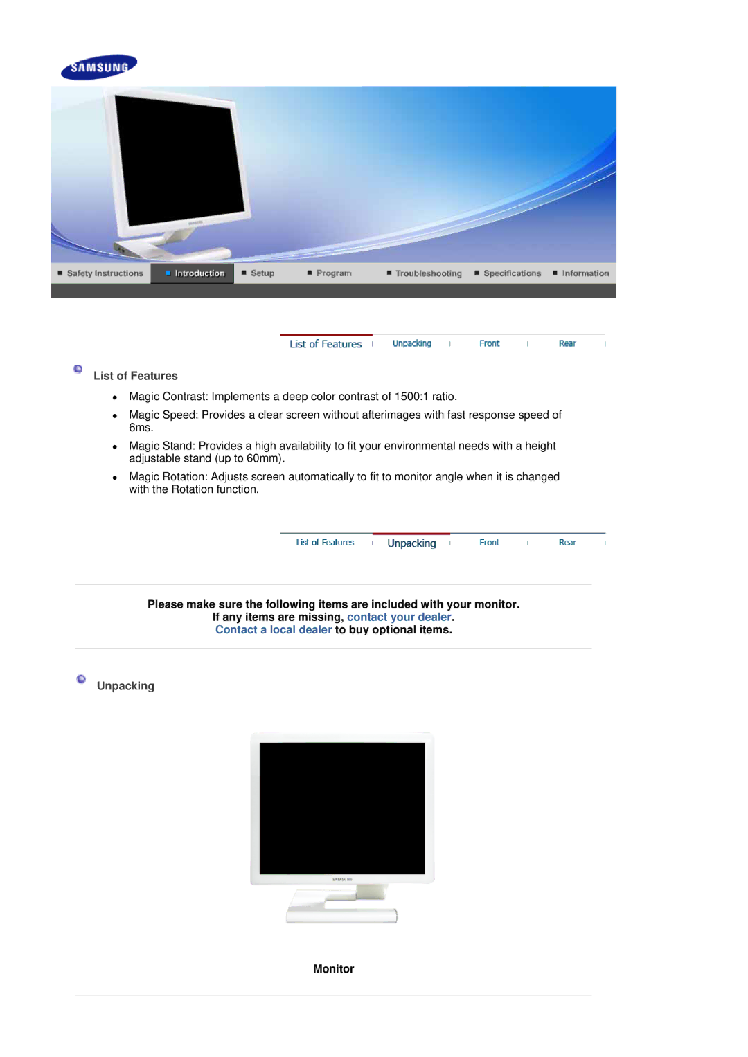 Samsung LS19MBXXX2/CI, LS19MBPXFV/EDC, LS19MBXXFV/EDC, LS19MBPXHV/EDC, LS19MBXXHV/EDC List of Features, Unpacking, Monitor 