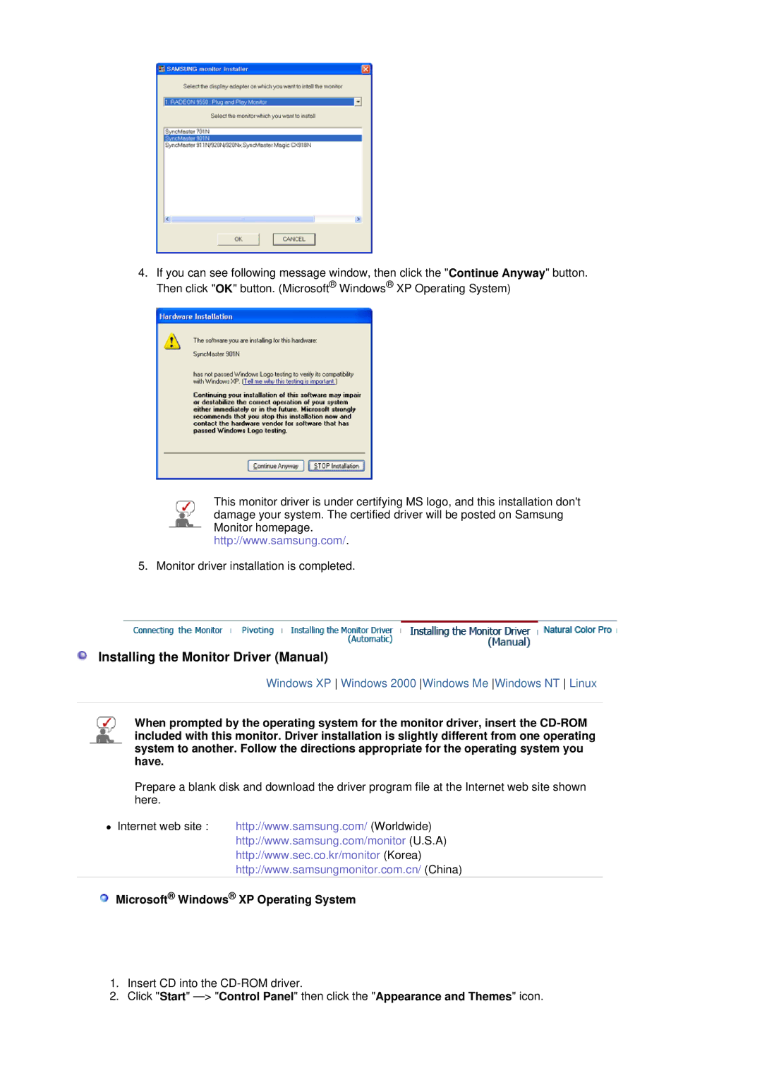 Samsung LS19MBXXX2/CI, LS19MBPXFV/EDC manual Installing the Monitor Driver Manual, Microsoft Windows XP Operating System 