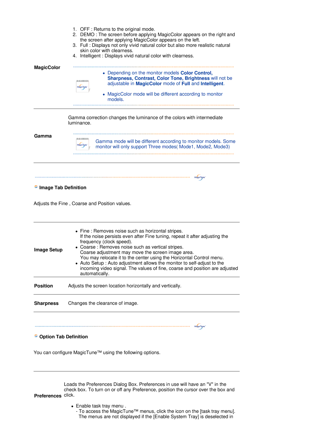 Samsung LS19MBXXX2/CI, LS19MBPXFV/EDC Gamma, Image Tab Definition, Image Setup, Position, Sharpness, Option Tab Definition 