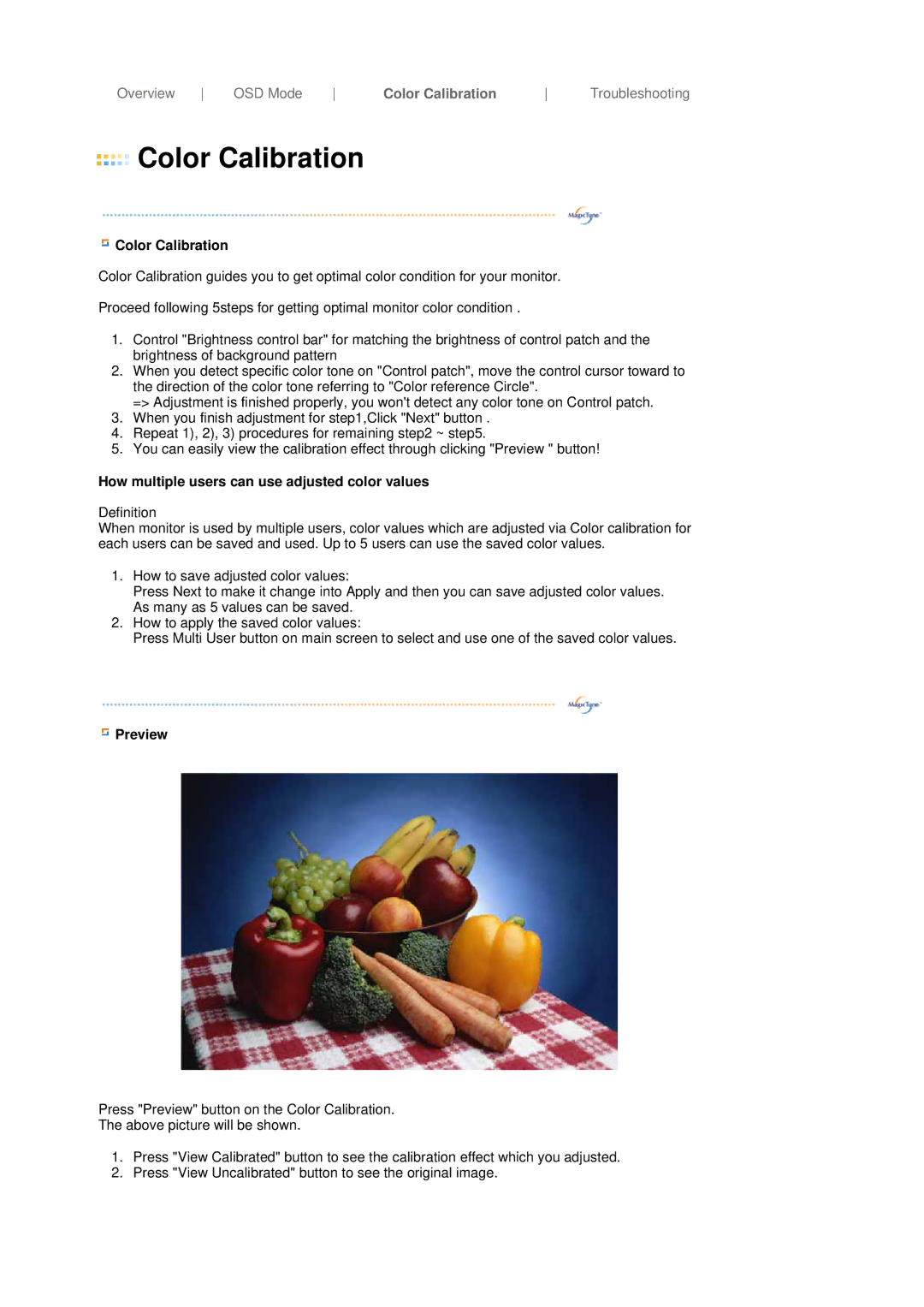 Samsung LS19MBXXXV/EDC, LS19MBPXFV/EDC manual Color Calibration, How multiple users can use adjusted color values, Preview 