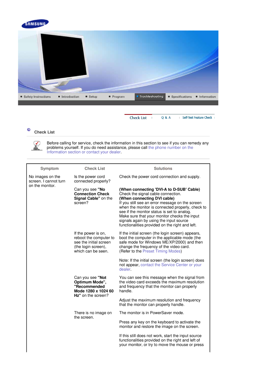 Samsung LS19MBPXFV/EDC manual Check List, Symptom, Connection Check Signal Cable on the screen?, When connecting DVI cable 