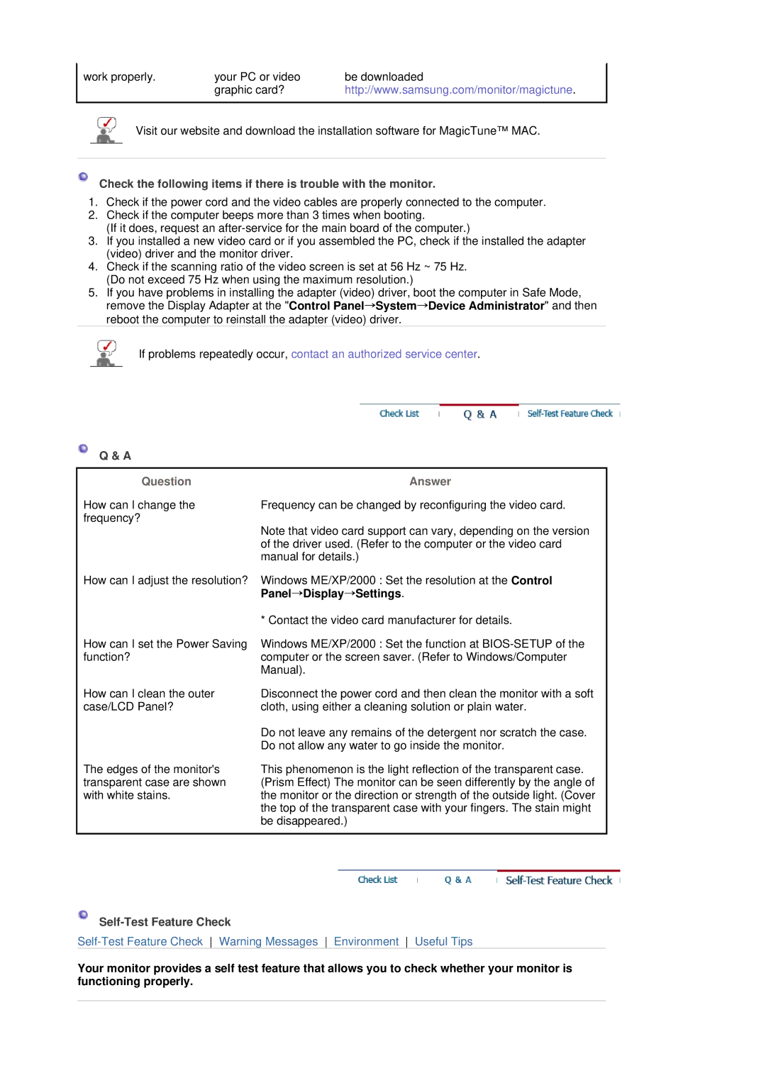 Samsung LS19MBPXHV/EDC, LS19MBPXFV/EDC, LS19MBXXFV/EDC, LS19MBXXHV/EDC manual Question, Answer, Self-Test Feature Check 