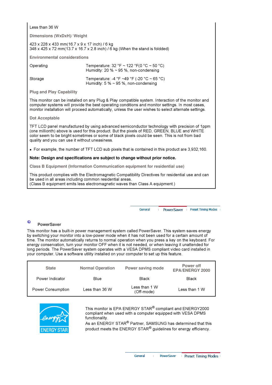 Samsung LS19MBXXF2/CI Dimensions WxDxH/ Weight, Environmental considerations, Plug and Play Capability, Dot Acceptable 