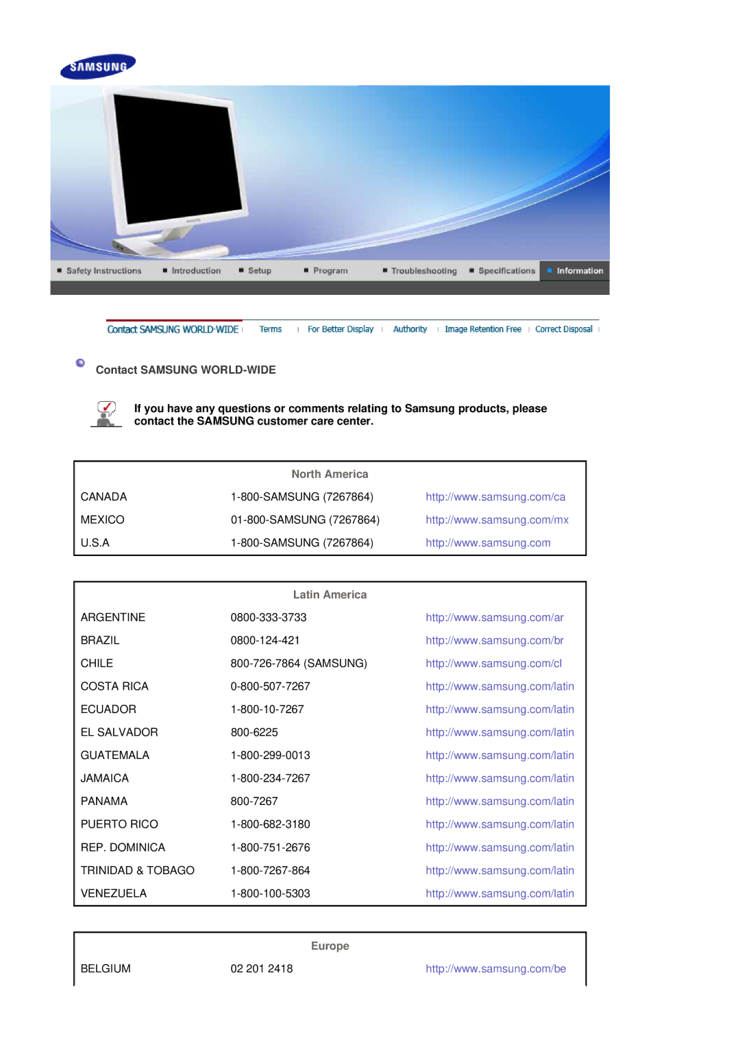 Samsung LS19MBPXFV/EDC, LS19MBXXFV/EDC, LS19MBPXHV/EDC Contact Samsung WORLD-WIDE, North America, Latin America, Europe 