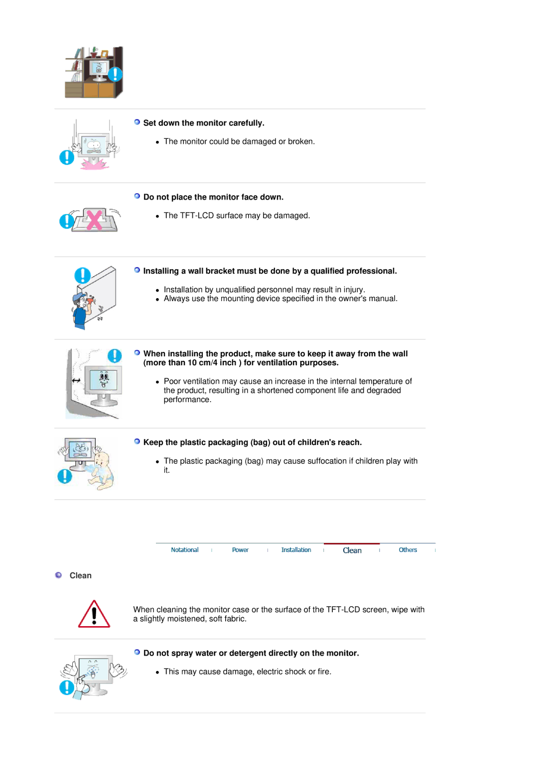 Samsung LS19MBXXF2/CI, LS19MBPXFV/EDC manual Set down the monitor carefully, Do not place the monitor face down, Clean 