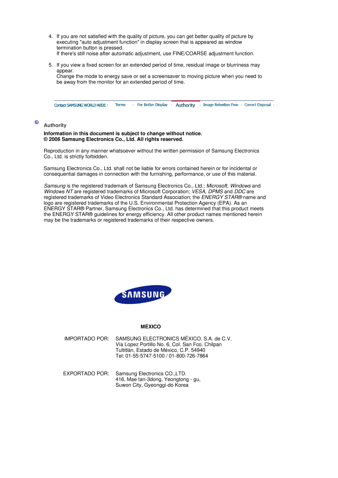 Samsung LS19MBXXHV/EDC, LS19MBPXFV/EDC, LS19MBXXFV/EDC, LS19MBPXHV/EDC, LS19MBXXX2/CI, LS19MBXXF2/CI manual Authority, México 