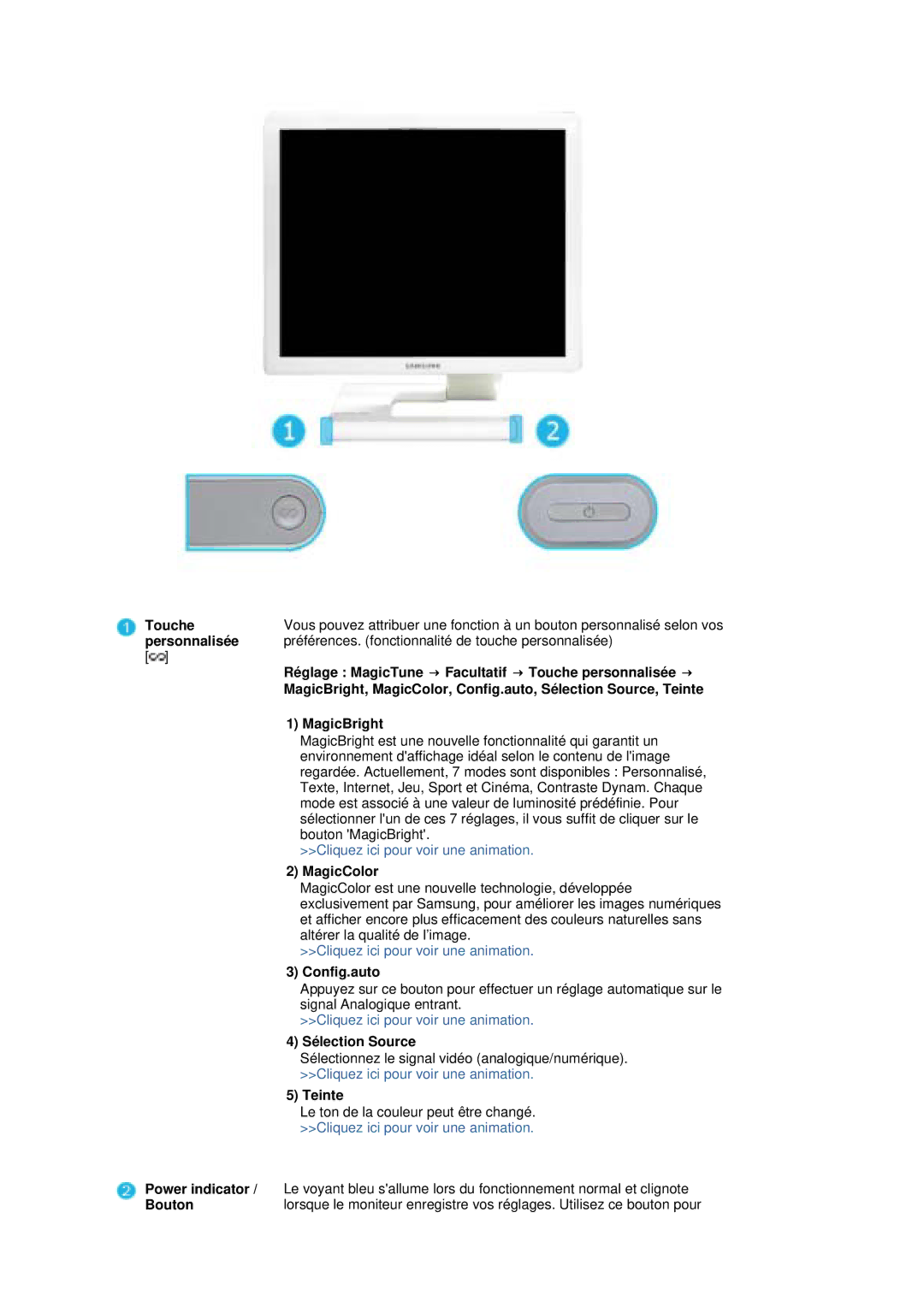 Samsung LS19MBXXFV/EDC Personnalisée, Réglage MagicTune → Facultatif → Touche personnalisée →, MagicBright, MagicColor 