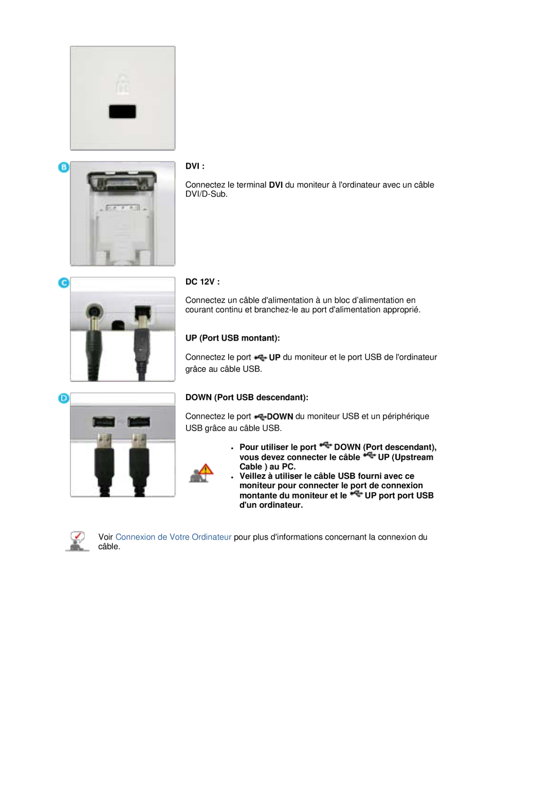 Samsung LS19MBXXHV/EDC, LS19MBPXFV/EDC, LS19MBXXFV/EDC, LS19MBPXHV/EDC manual UP Port USB montant, Down Port USB descendant 