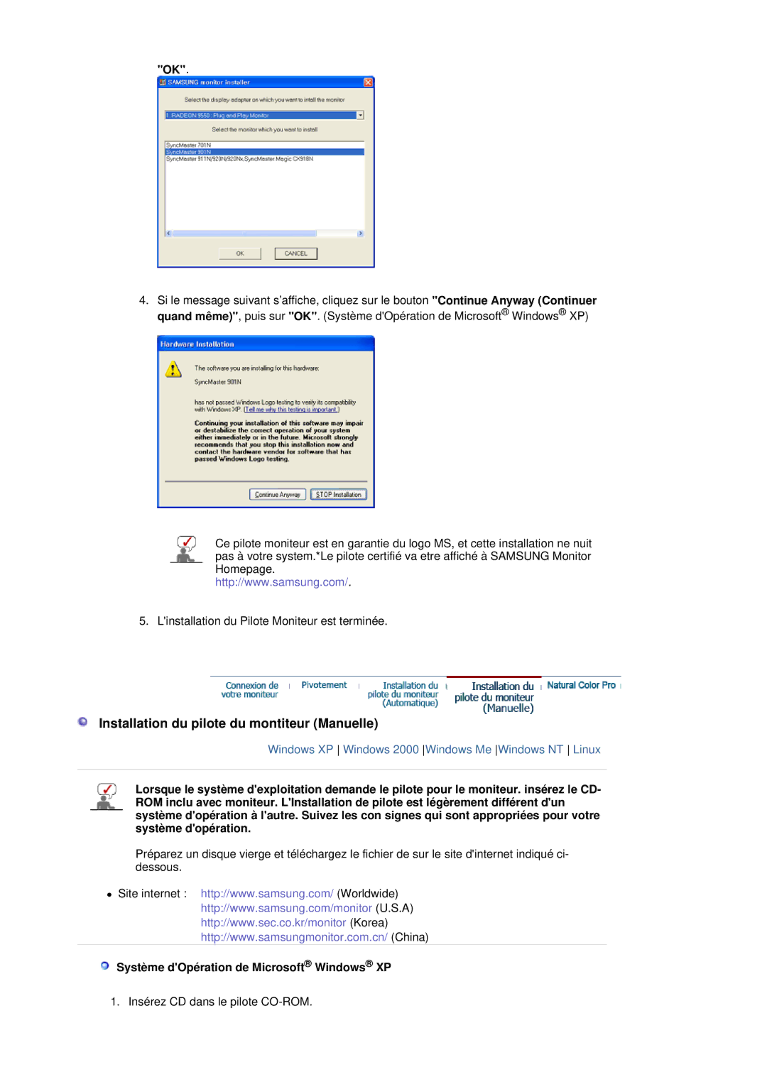 Samsung LS19MBPXHV/EDC manual Installation du pilote du montiteur Manuelle, Système dOpération de Microsoft Windows XP 