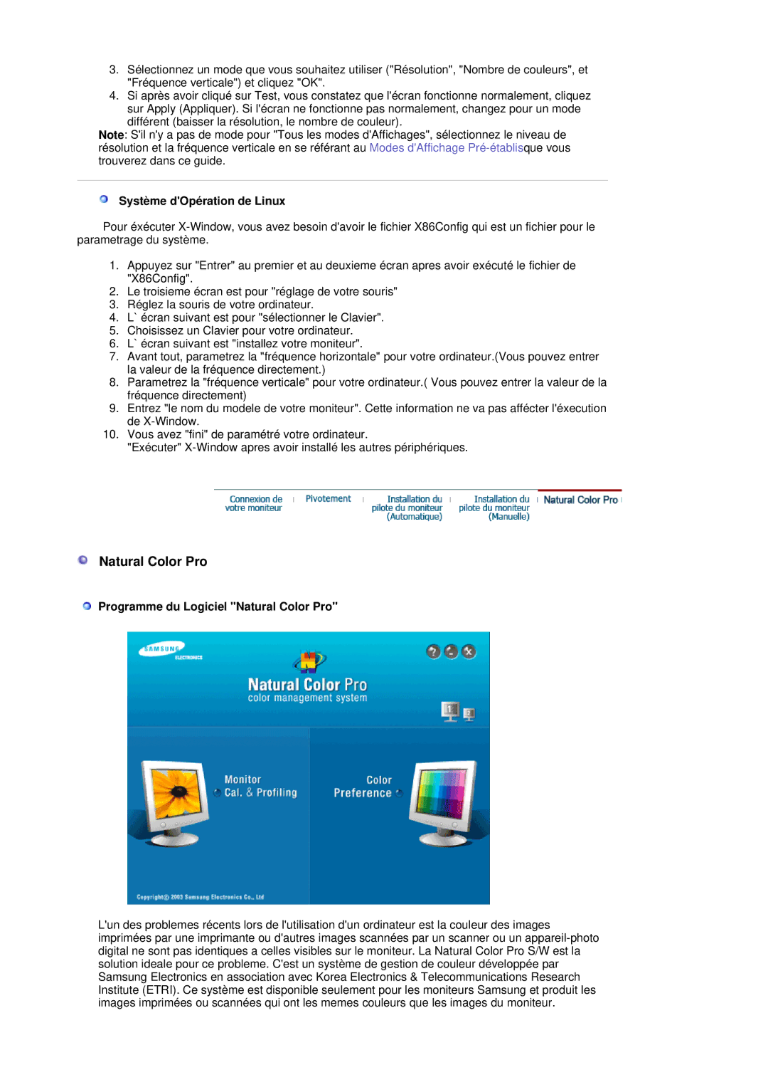 Samsung LS19MBPXHV/EDC, LS19MBPXFV/EDC, LS19MBXXFV/EDC Système dOpération de Linux, Programme du Logiciel Natural Color Pro 