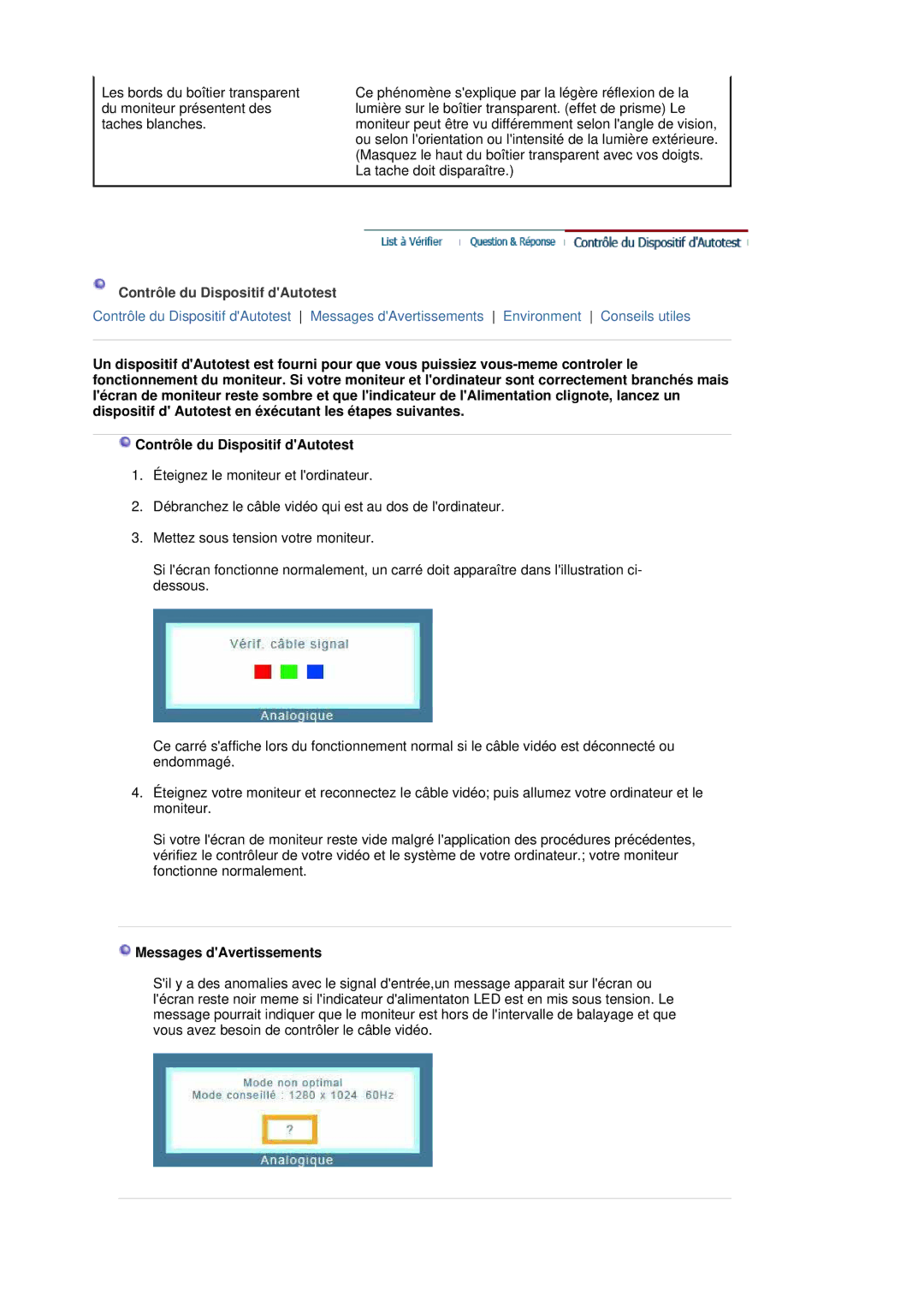 Samsung LS19MBPXHV/EDC, LS19MBPXFV/EDC, LS19MBXXFV/EDC manual Contrôle du Dispositif dAutotest, Messages dAvertissements 