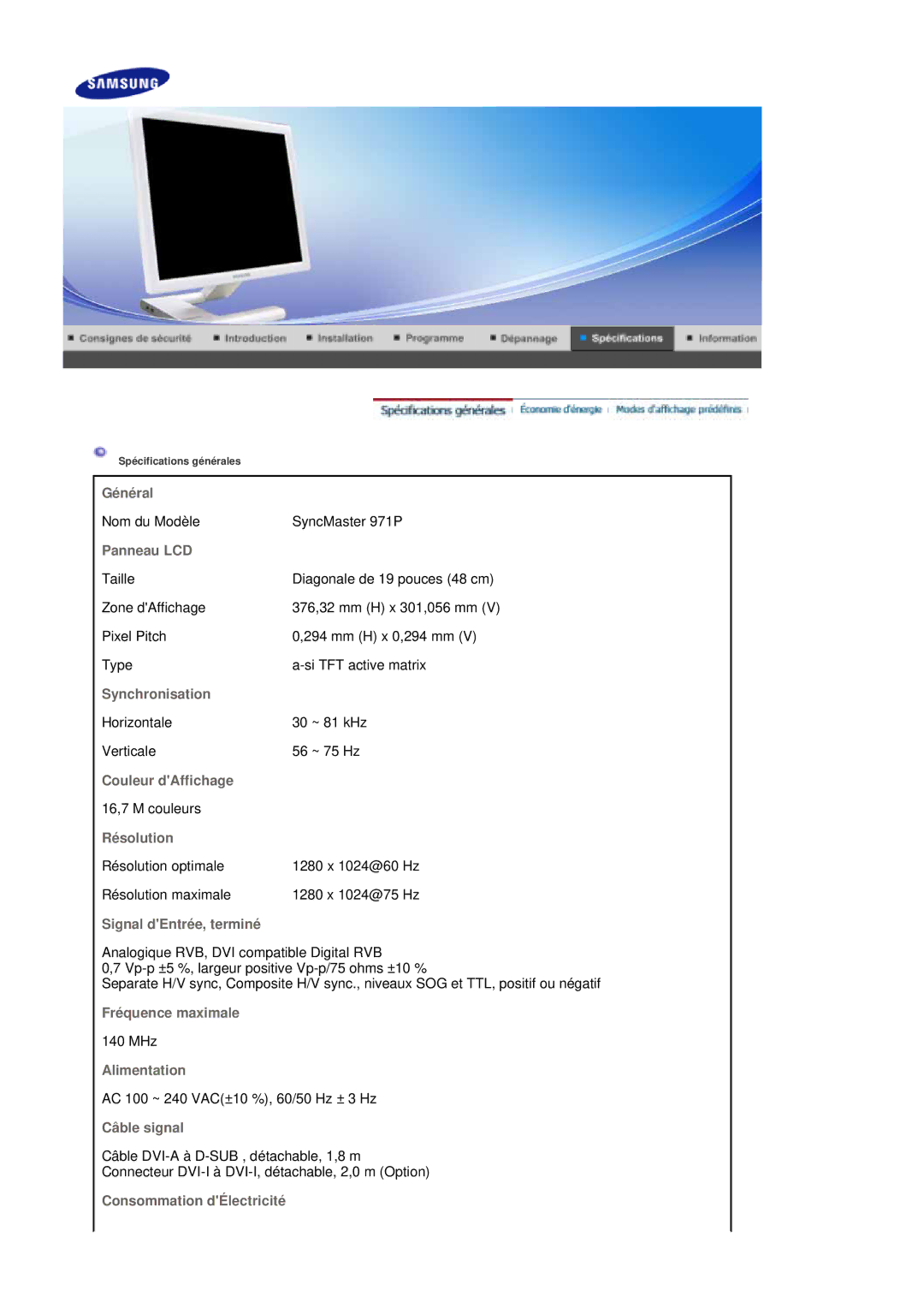 Samsung LS19MBPXFV/EDC Général, Panneau LCD, Synchronisation, Couleur dAffichage, Résolution, Signal dEntrée, terminé 