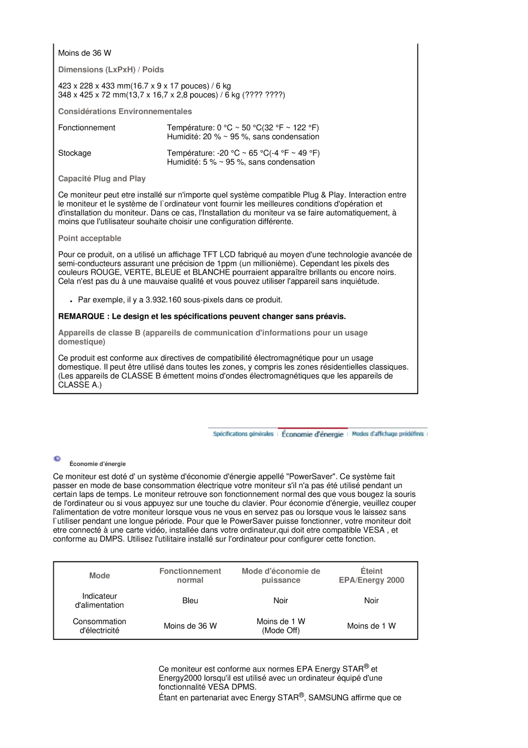 Samsung LS19MBXXFV/EDC Dimensions LxPxH / Poids, Considérations Environnementales, Capacité Plug and Play, EPA/Energy 