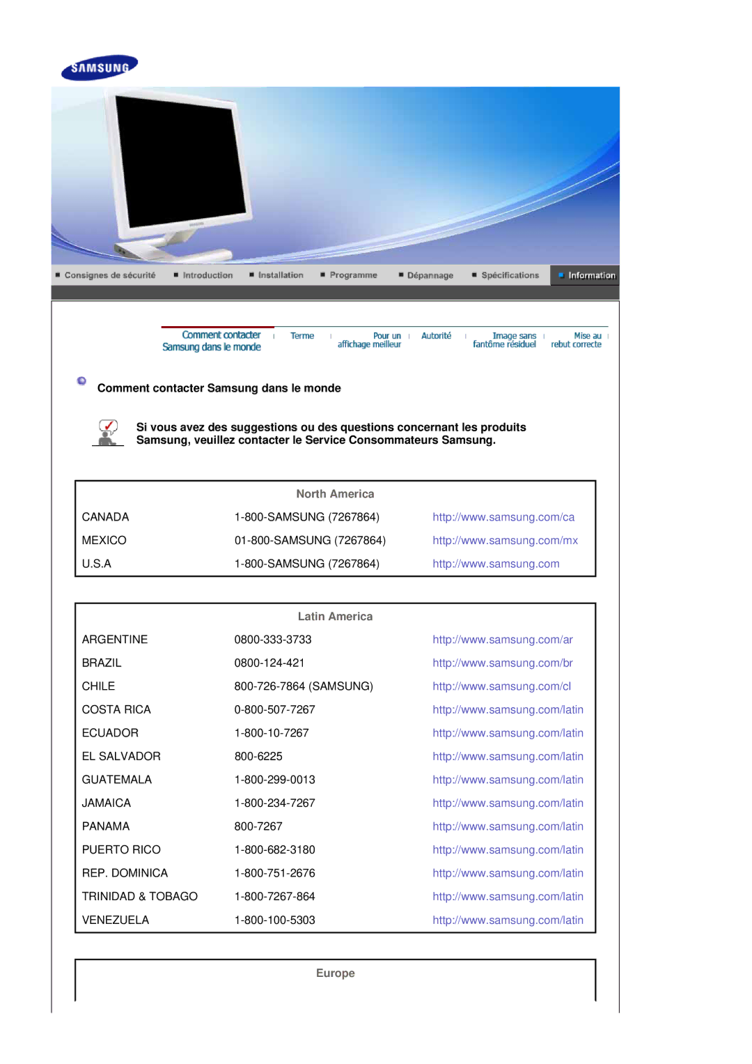 Samsung LS19MBPXFV/EDC, LS19MBXXFV/EDC, LS19MBPXHV/EDC, LS19MBXXHV/EDC manual North America, Latin America, Europe 