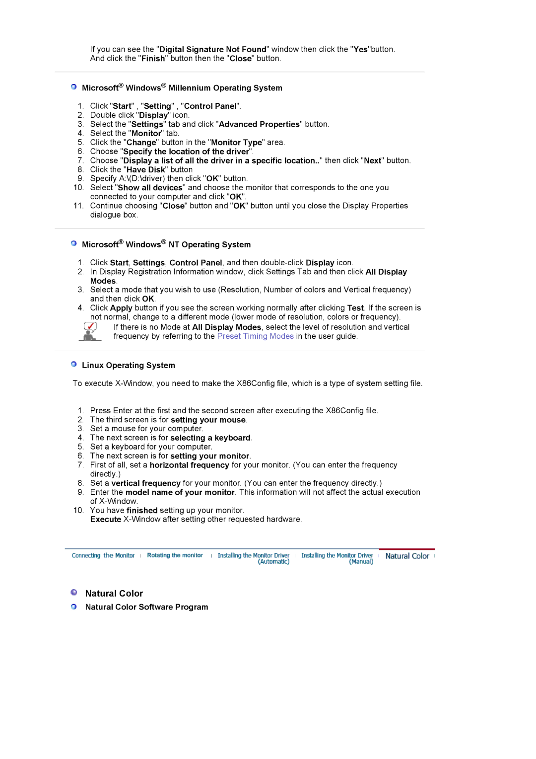 Samsung LS19MBPXHV/EDC manual Microsoft Windows NT Operating System, Linux Operating System, Natural Color Software Program 