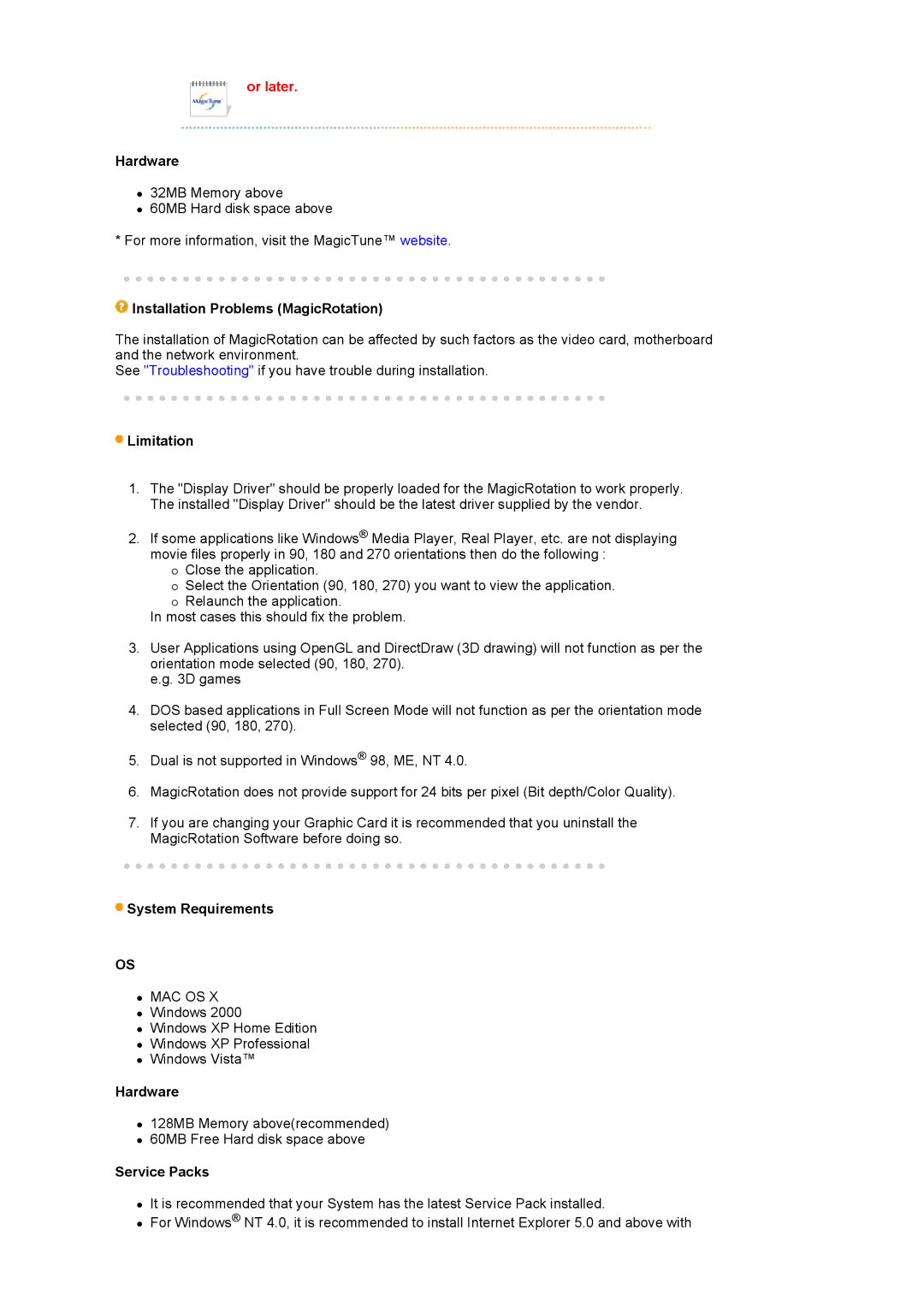 Samsung LS19MBXXF2/CI, LS19MBPXFV/EDC manual Hardware, Installation Problems MagicRotation, Limitation, Service Packs 