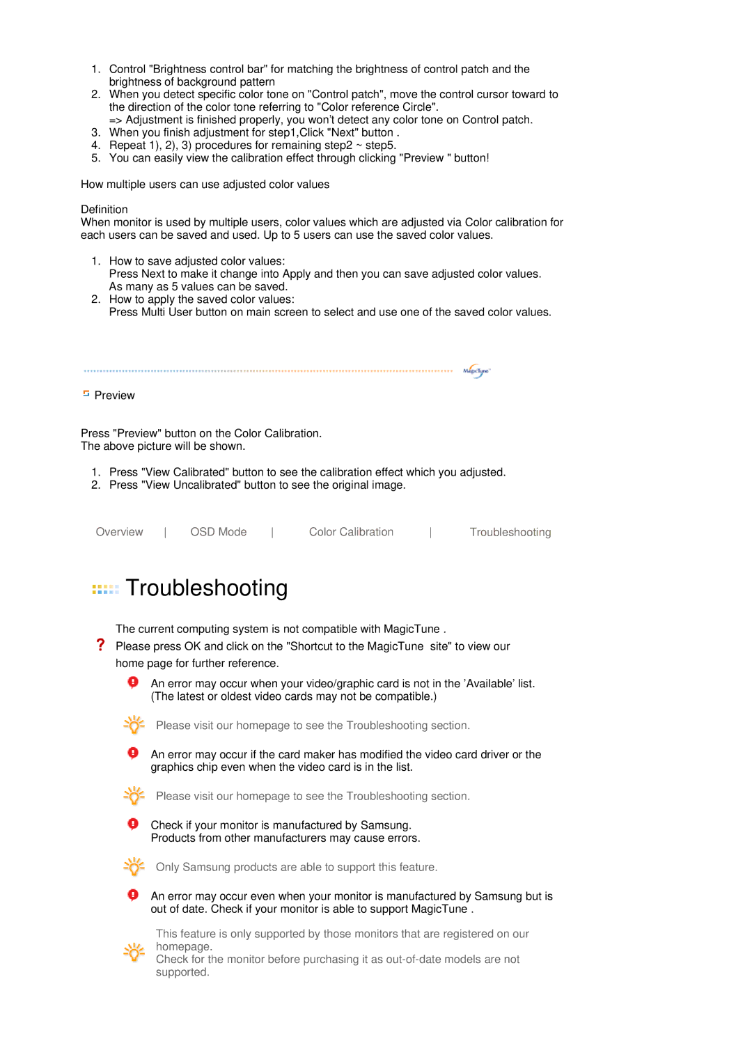 Samsung LS19MBXXXV/EDC, LS19MBPXFV/EDC manual How multiple users can use adjusted color values, Preview, Troubleshooting 