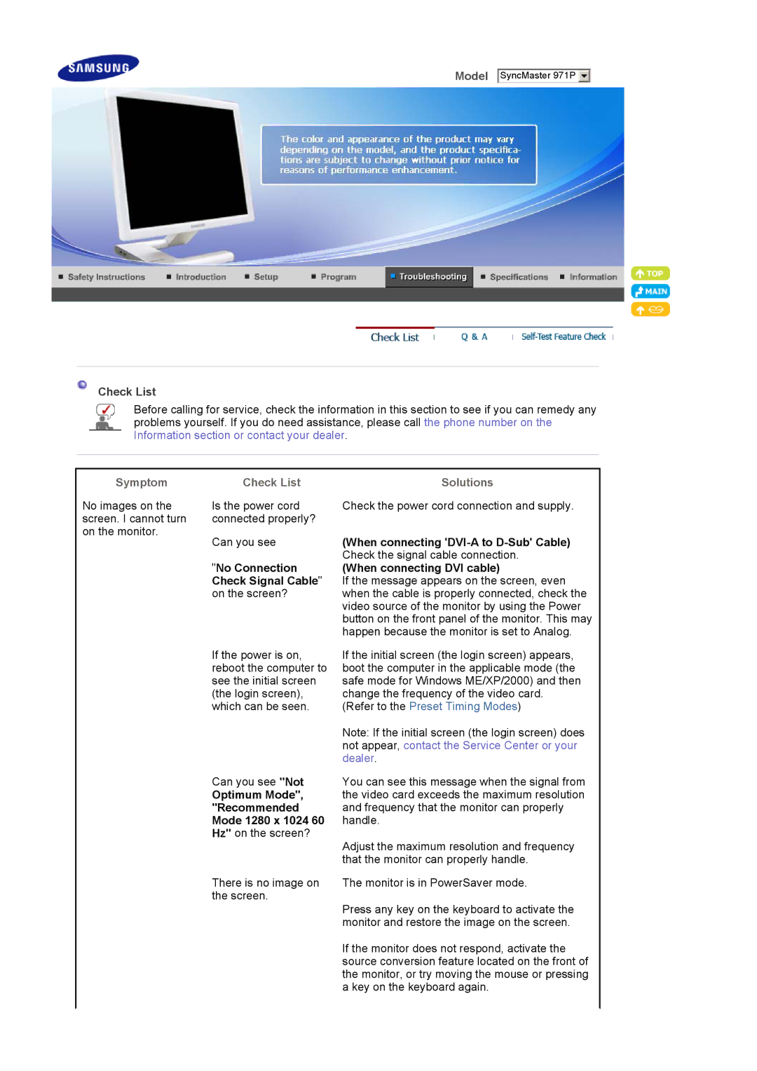 Samsung LS19MBPXFV/EDC Check List, Symptom, No Connection Check Signal Cable on the screen?, When connecting DVI cable 