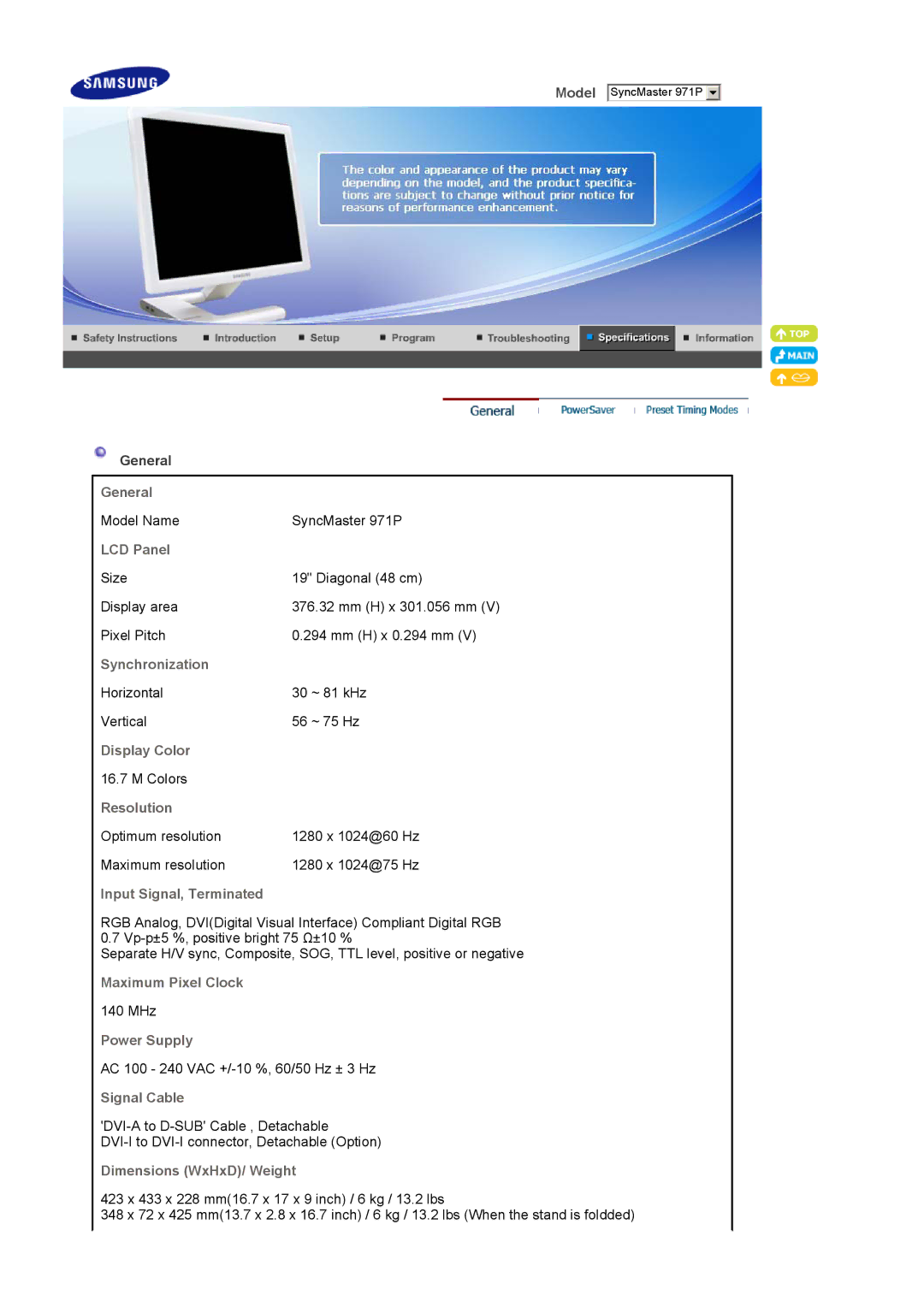 Samsung LS19MBXXX2/CI manual General, LCD Panel, Synchronization, Display Color, Resolution, Input Signal, Terminated 