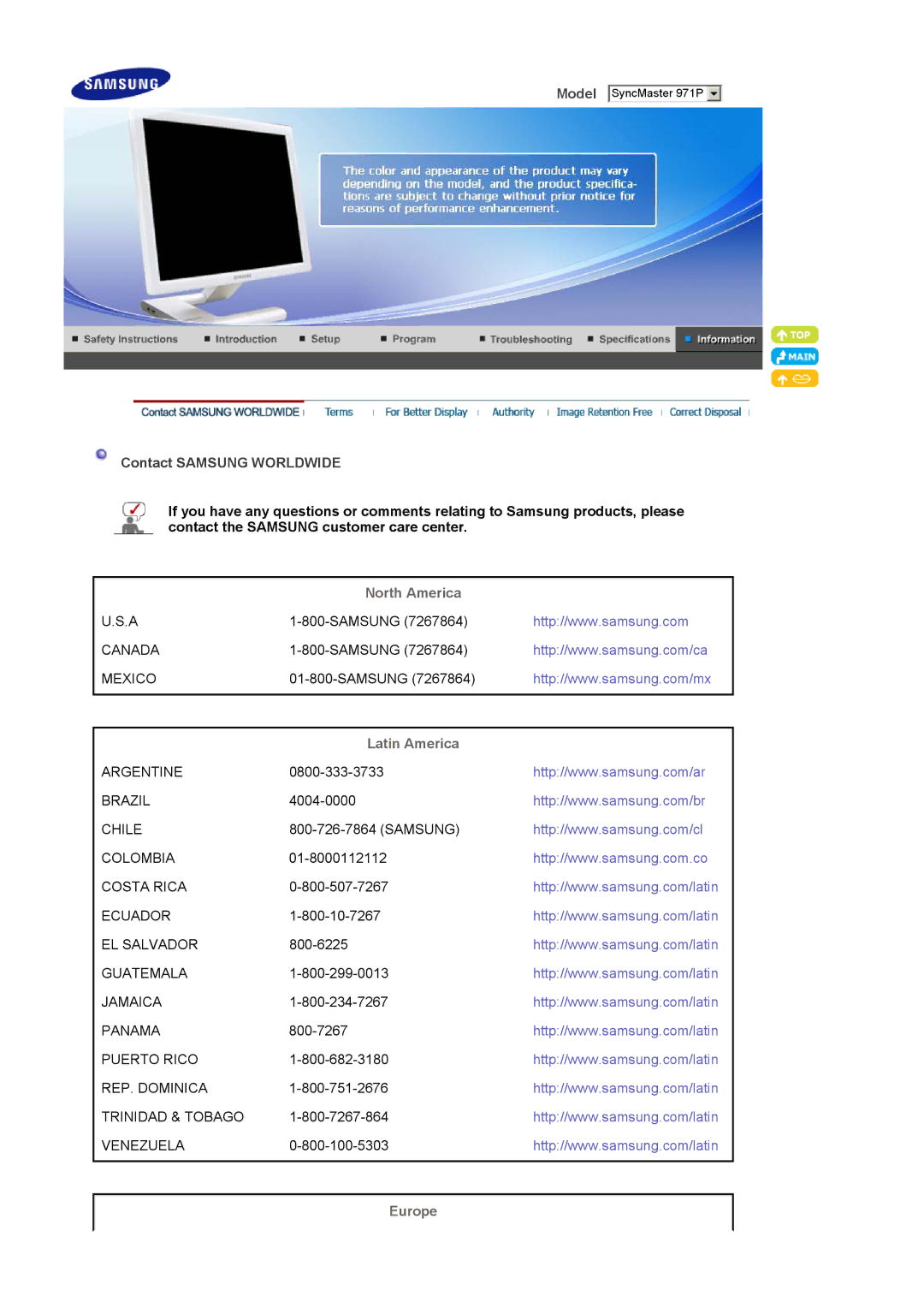 Samsung LS19MBPXFV/EDC, LS19MBXXFV/EDC, LS19MBPXHV/EDC manual Contact Samsung Worldwide, North America, Latin America, Europe 