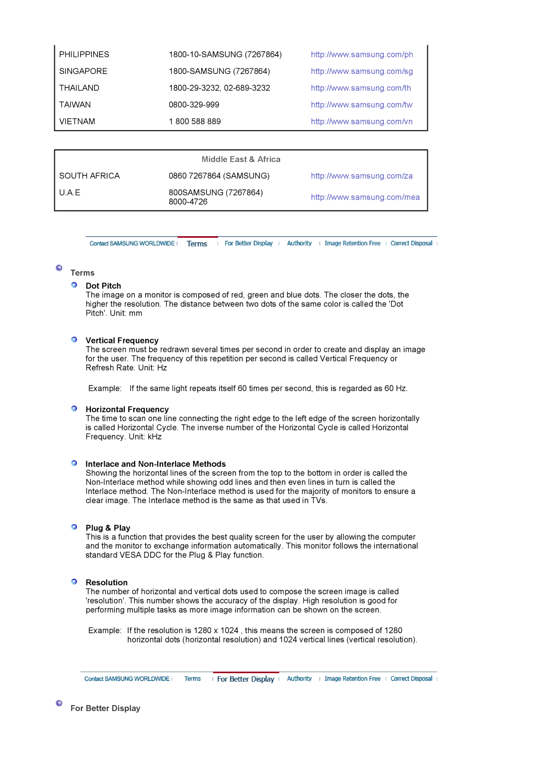 Samsung LS19MBPXHV/EDC, LS19MBPXFV/EDC, LS19MBXXFV/EDC, LS19MBXXHV/EDC manual Middle East & Africa, Terms, For Better Display 