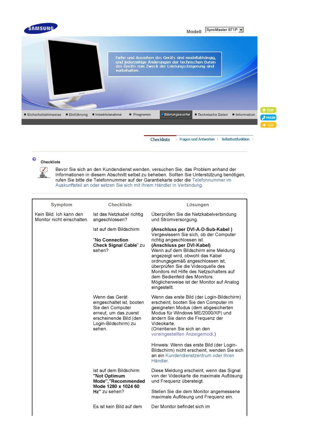 Samsung LS19MBXXHV/EDC, LS19MBPXFV/EDC manual Symptom Checkliste Lösungen, Anschluss per DVI-A-D-Sub-Kabel, No Connection 