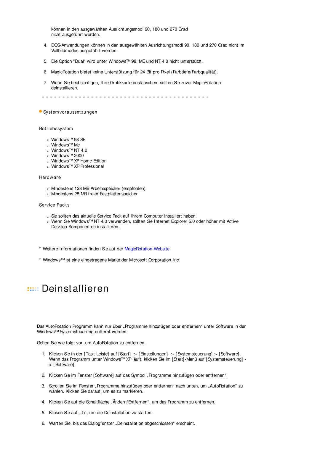 Samsung LS19MBPXFV/EDC, LS19MBXXFV/EDC, LS19MBPXHV/EDC, LS19MBXXHV/EDC manual Deinstallieren 