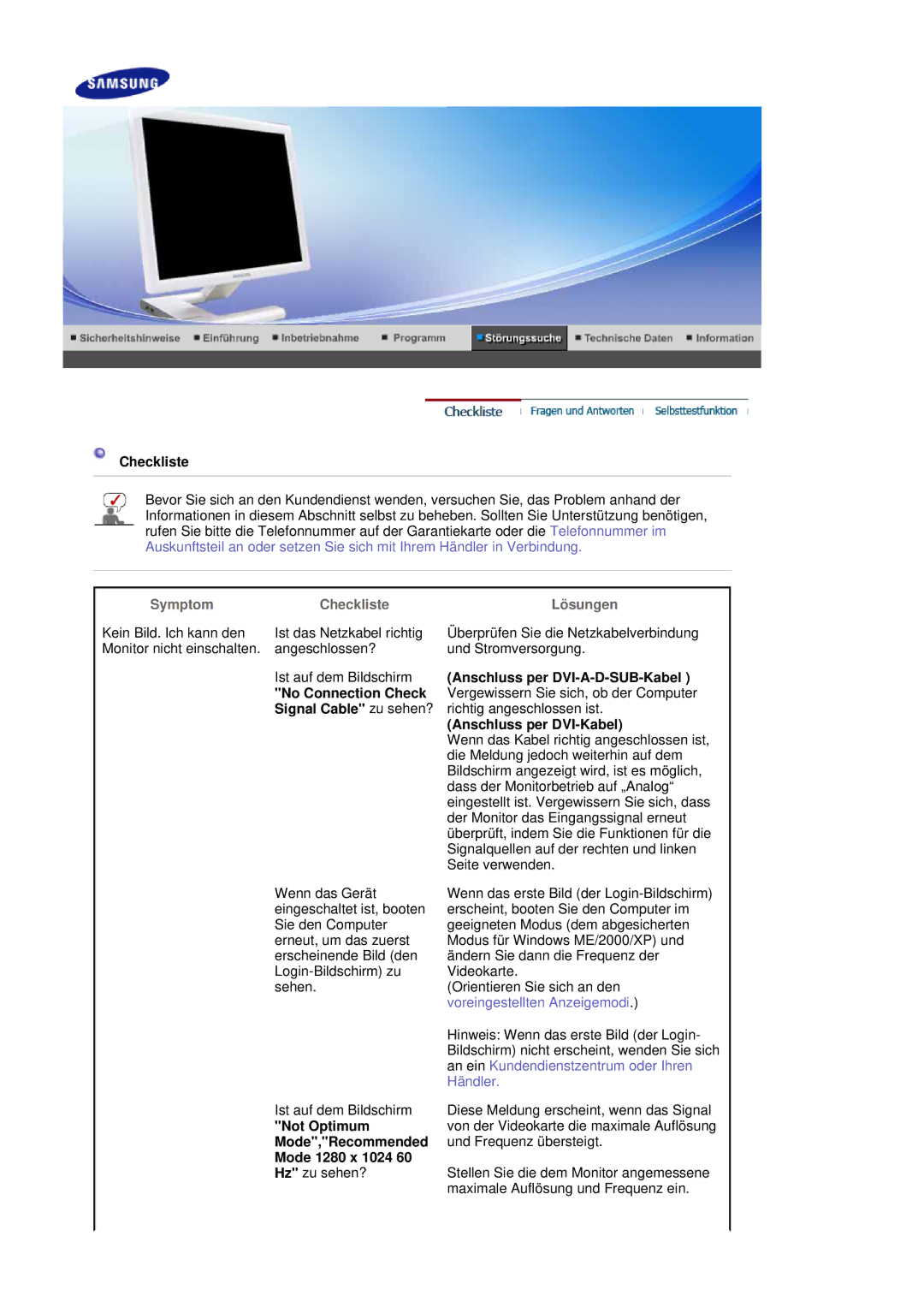 Samsung LS19MBXXHV/EDC, LS19MBPXFV/EDC, LS19MBXXFV/EDC, LS19MBPXHV/EDC manual Symptom Checkliste Lösungen 