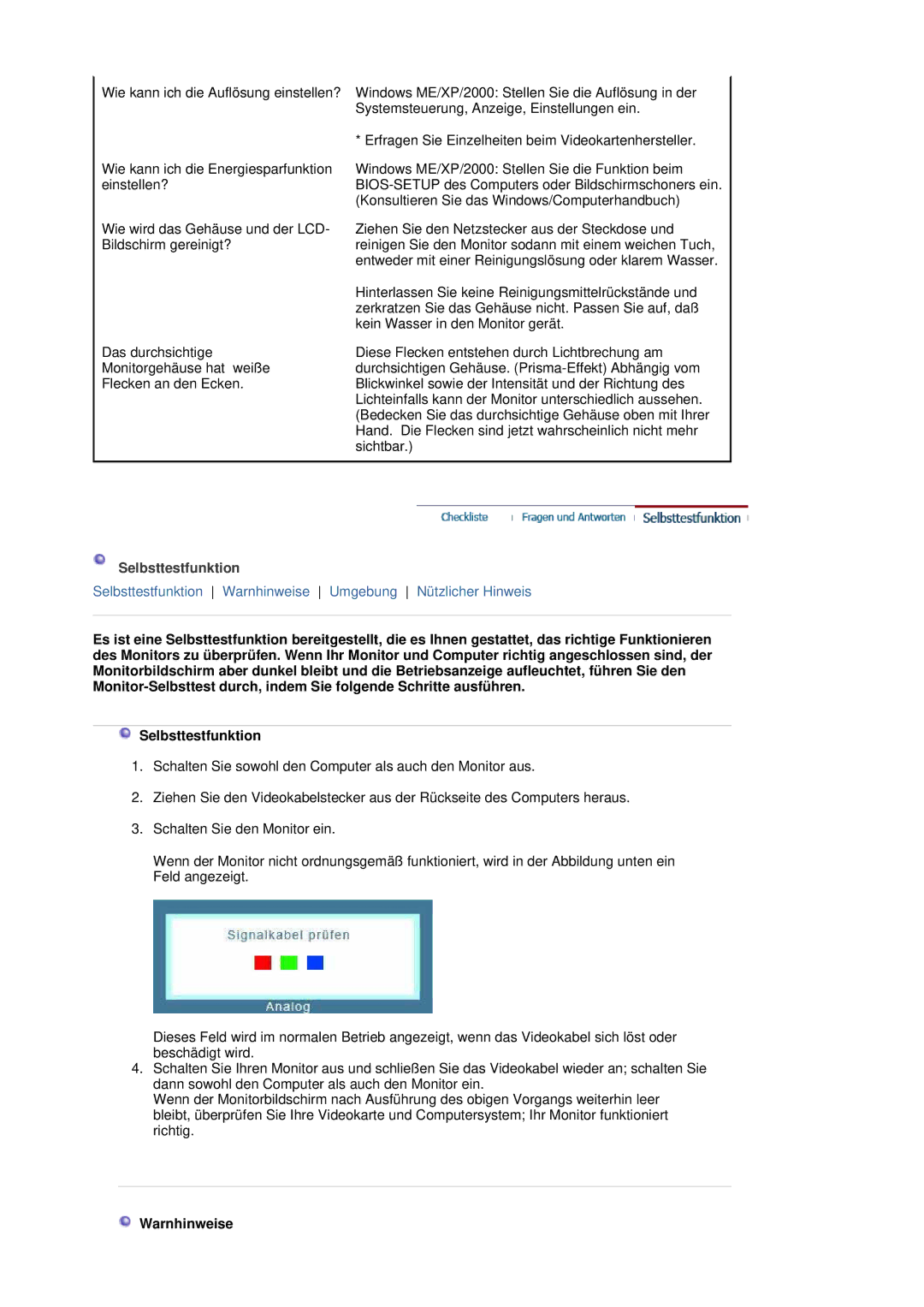 Samsung LS19MBPXHV/EDC, LS19MBPXFV/EDC, LS19MBXXFV/EDC, LS19MBXXHV/EDC manual Selbsttestfunktion, Warnhinweise 