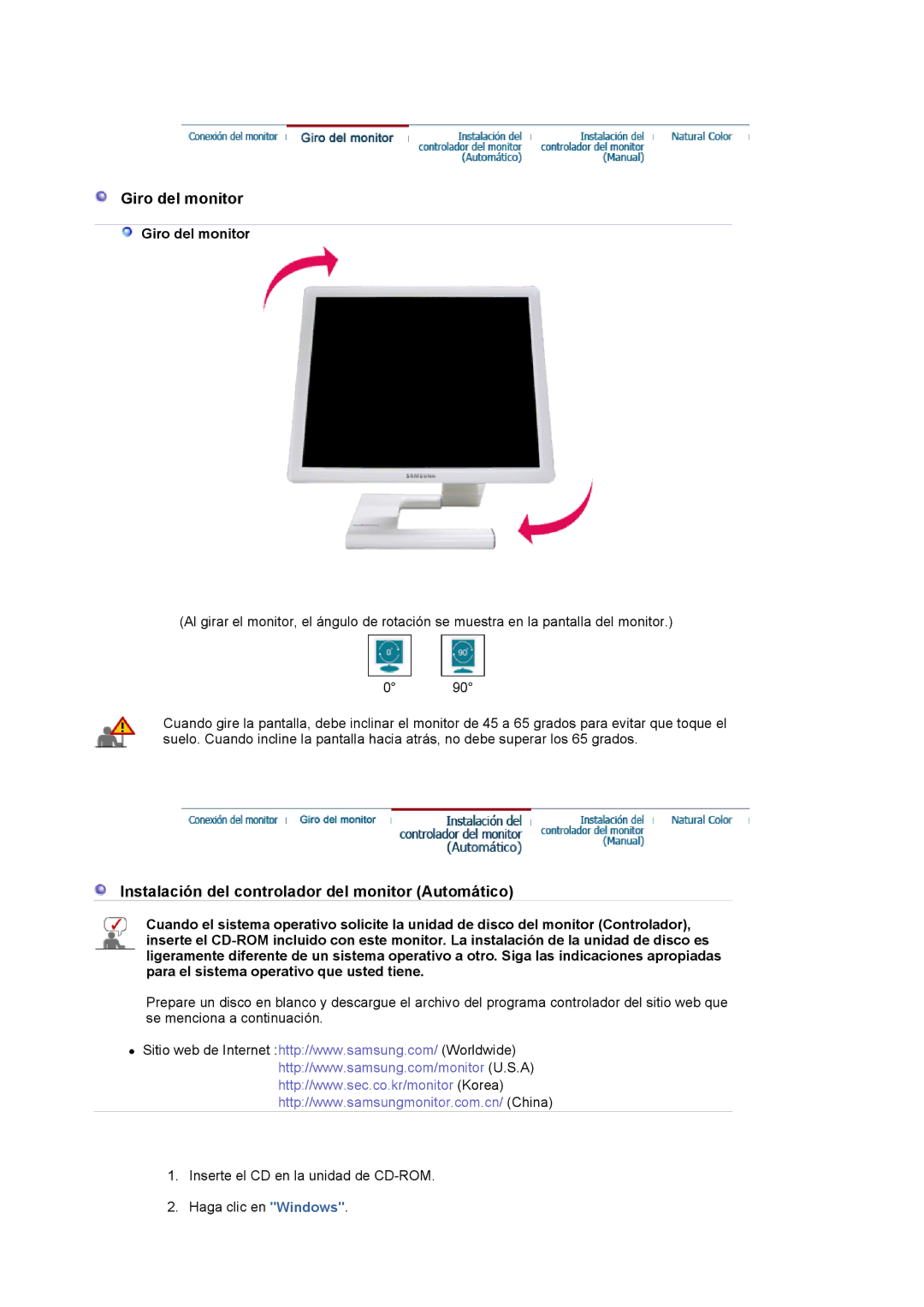 Samsung LS19MBPXFV/EDC, LS19MBXXFV/EDC, LS19MBPXHV/EDC, LS19MBXXHV/EDC manual Giro del monitor 