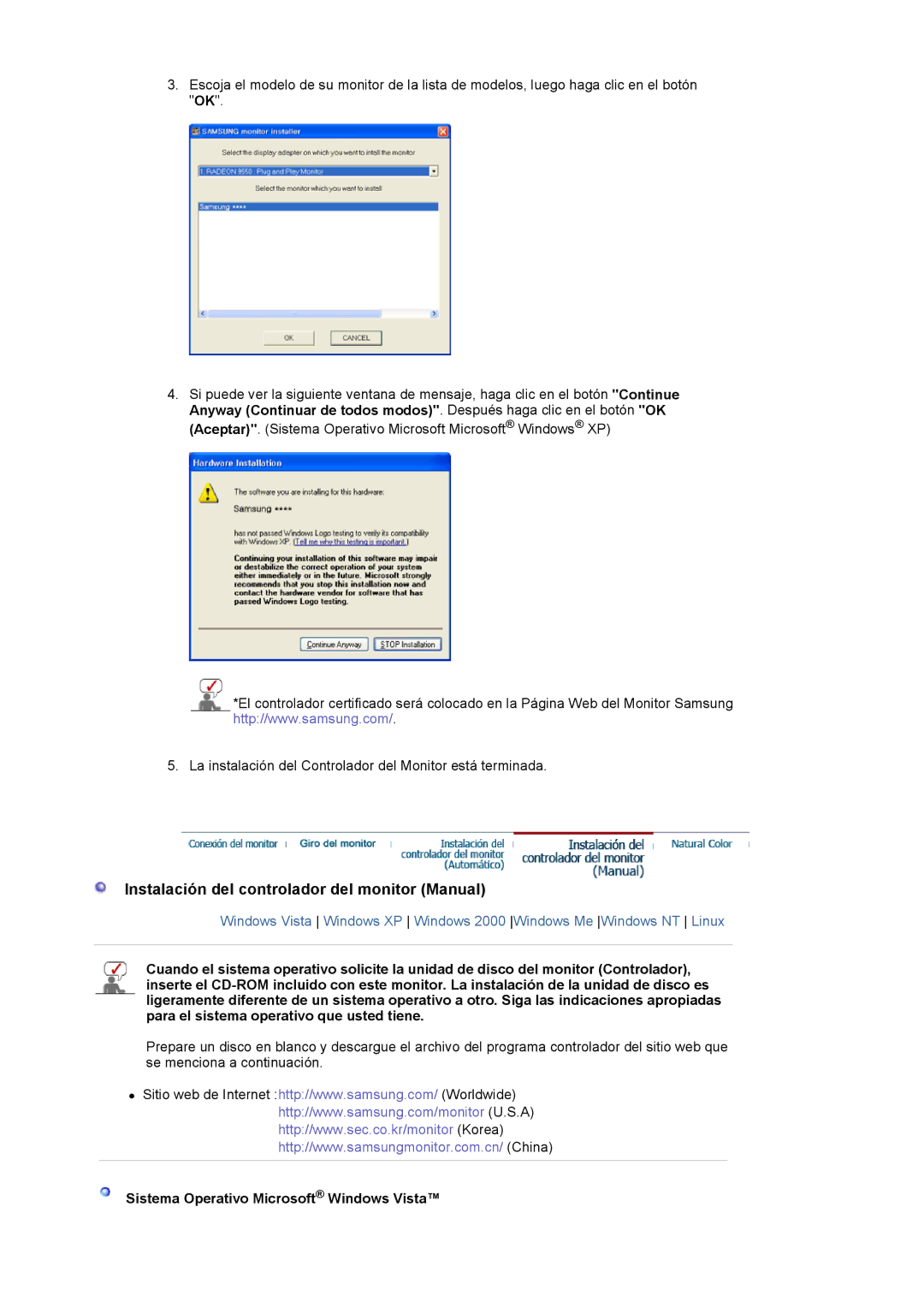 Samsung LS19MBXXFV/EDC manual Instalación del controlador del monitor Manual, Sistema Operativo Microsoft Windows Vista 